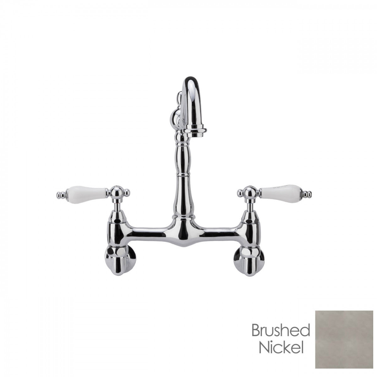 Florian Wall Mount Kitchen Faucet - Porcelain Lever Handles - Brushed Nickel | Alternative Image 01 | finish:Brushed Nickel