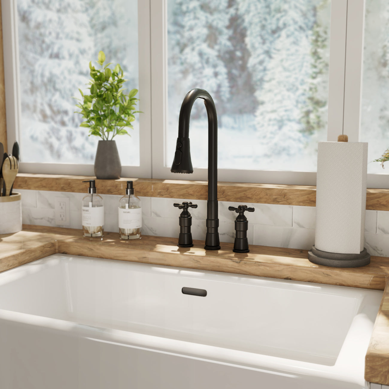 Widespread Kitchen Faucet With Pull Down Spring Spout | Alternative Image 02 | finish:Matte Black