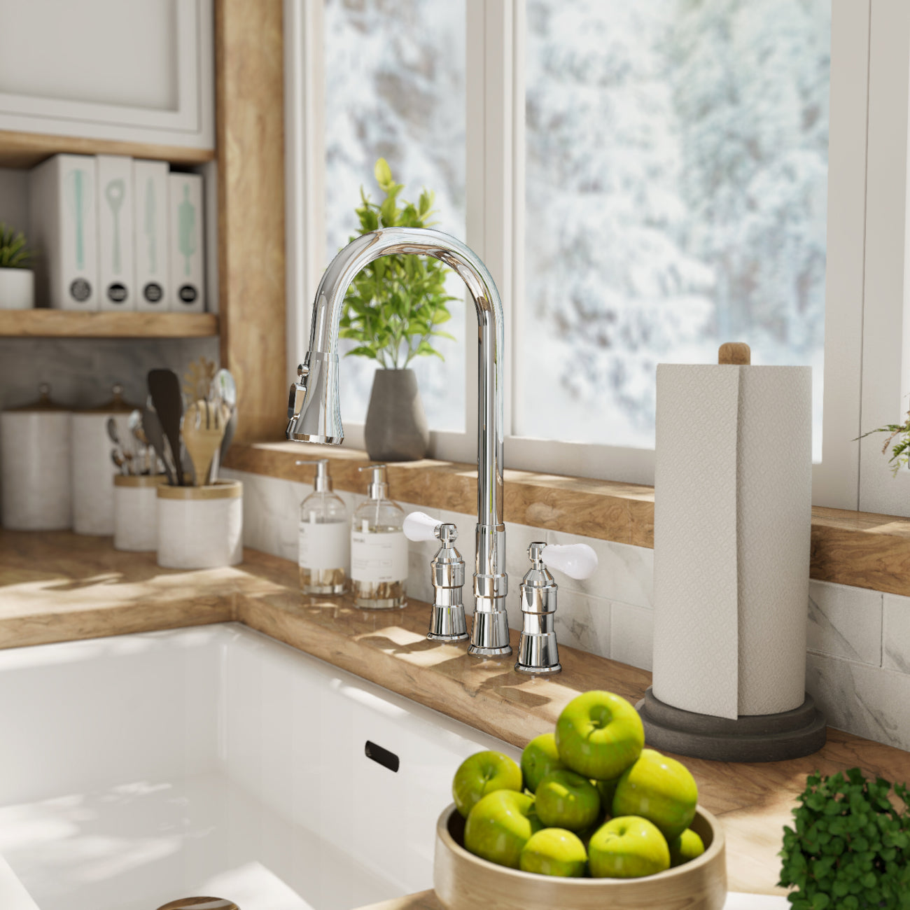 Widespread Kitchen Faucet With Pull Down Spring Spout | Alternative Image 01 | finish:Chrome