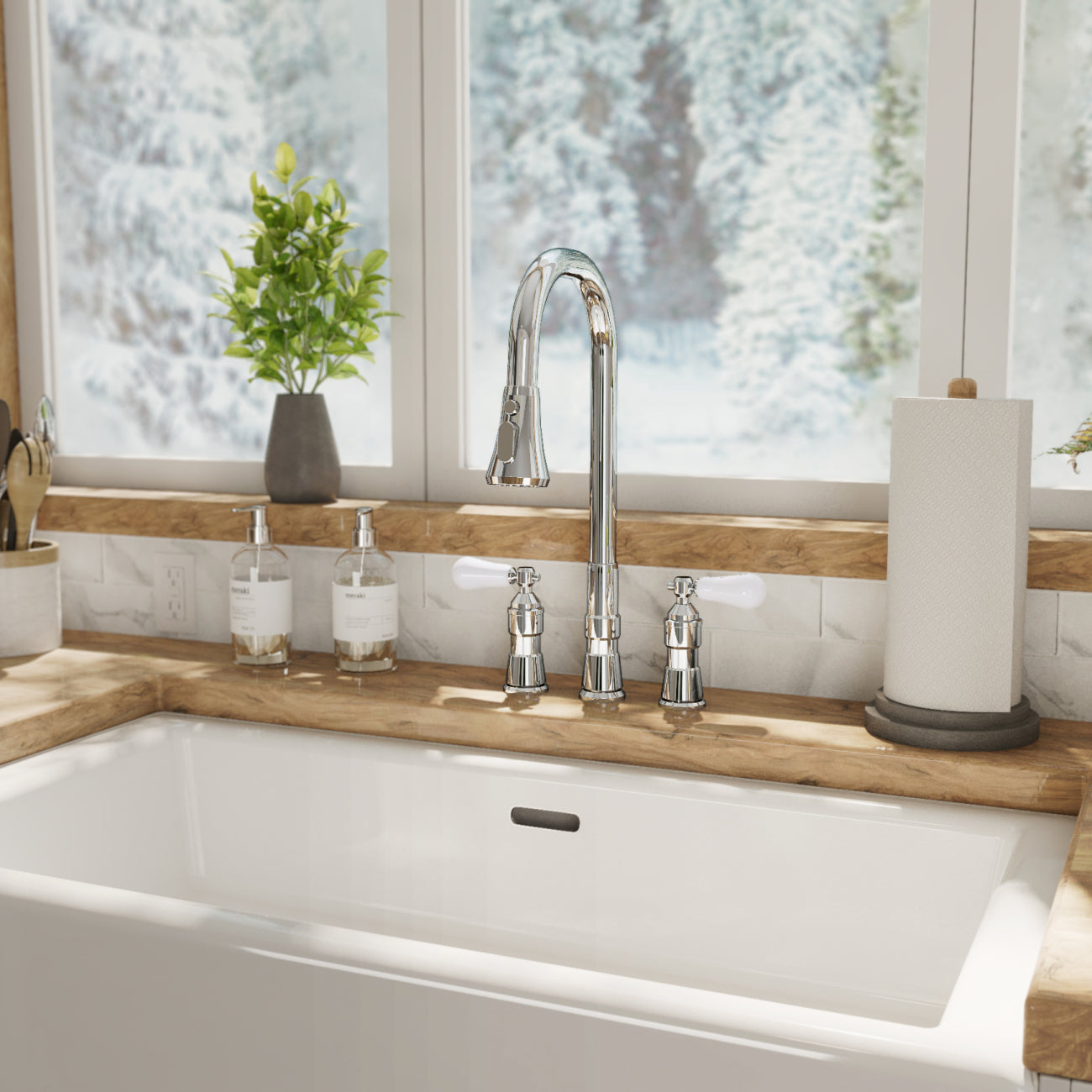 Widespread Kitchen Faucet With Pull Down Spring Spout | Alternative Image 02 | finish:Chrome
