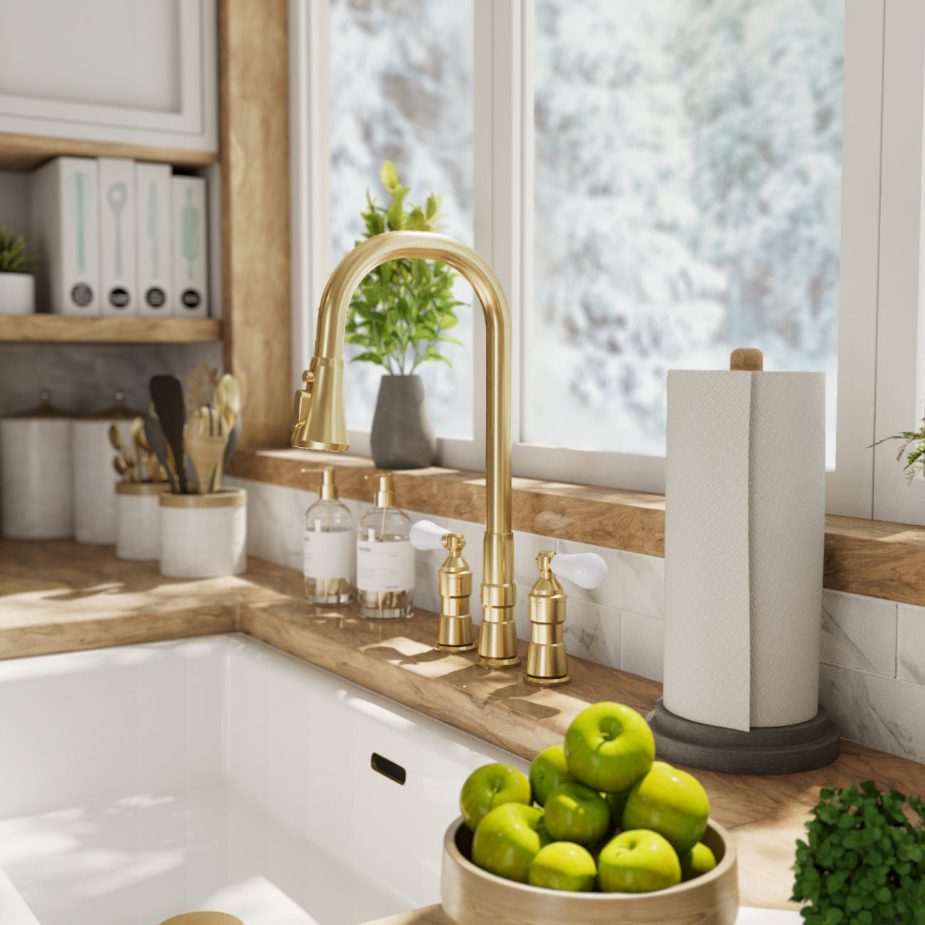 Widespread Kitchen Faucet With Pull Down Spring Spout | Alternative Image 01 | finish:Brushed Brass