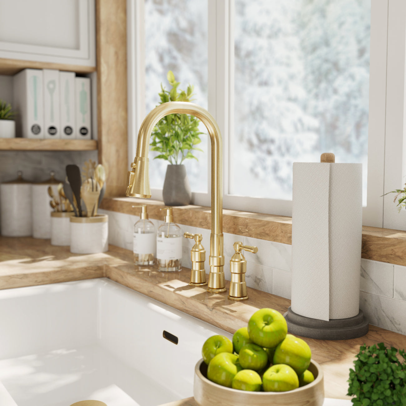 Widespread Kitchen Faucet With Pull Down Spring Spout | Alternative Image 01 | finish:Brushed Brass