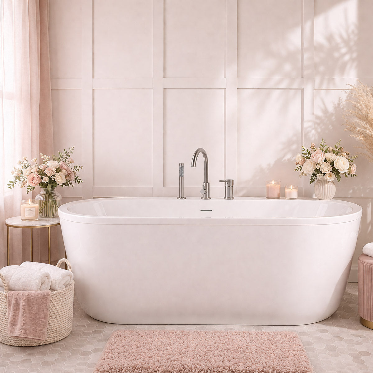 Luca 60 Inch Acrylic Double Ended Freestanding Tub Package | Alternative Image 01 | length:60 | fixture finish:Oil Rubbed Bronze | faucet style:Contemporary 3 Hole Tub Faucet