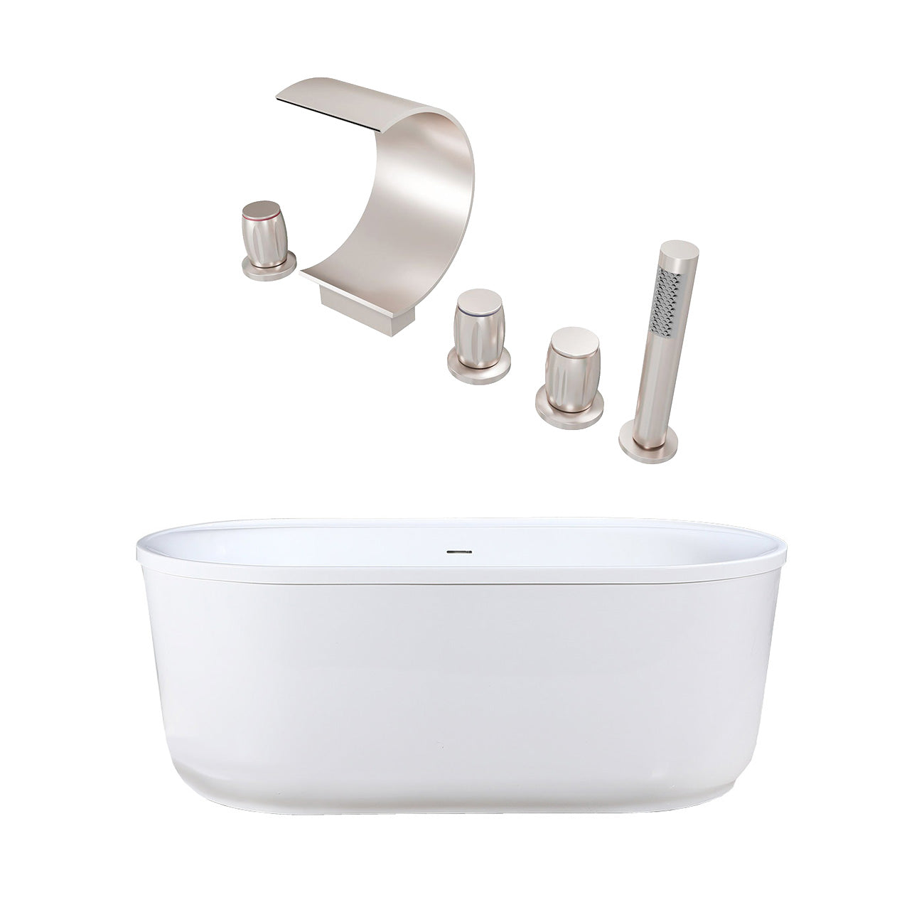 Luca 60 Inch Acrylic Double Ended Freestanding Tub Package | Alternative Image 01 | length:60 | fixture finish:Brushed Nickel | faucet style:Waterfall 5 Hole Tub Faucet