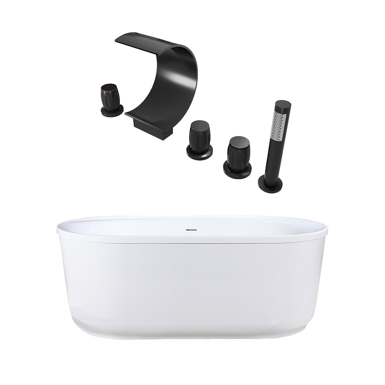 Luca 60 Inch Acrylic Double Ended Freestanding Tub Package | Alternative Image 01 | length:60 | fixture finish:Matte Black | faucet style:Waterfall 5 Hole Tub Faucet