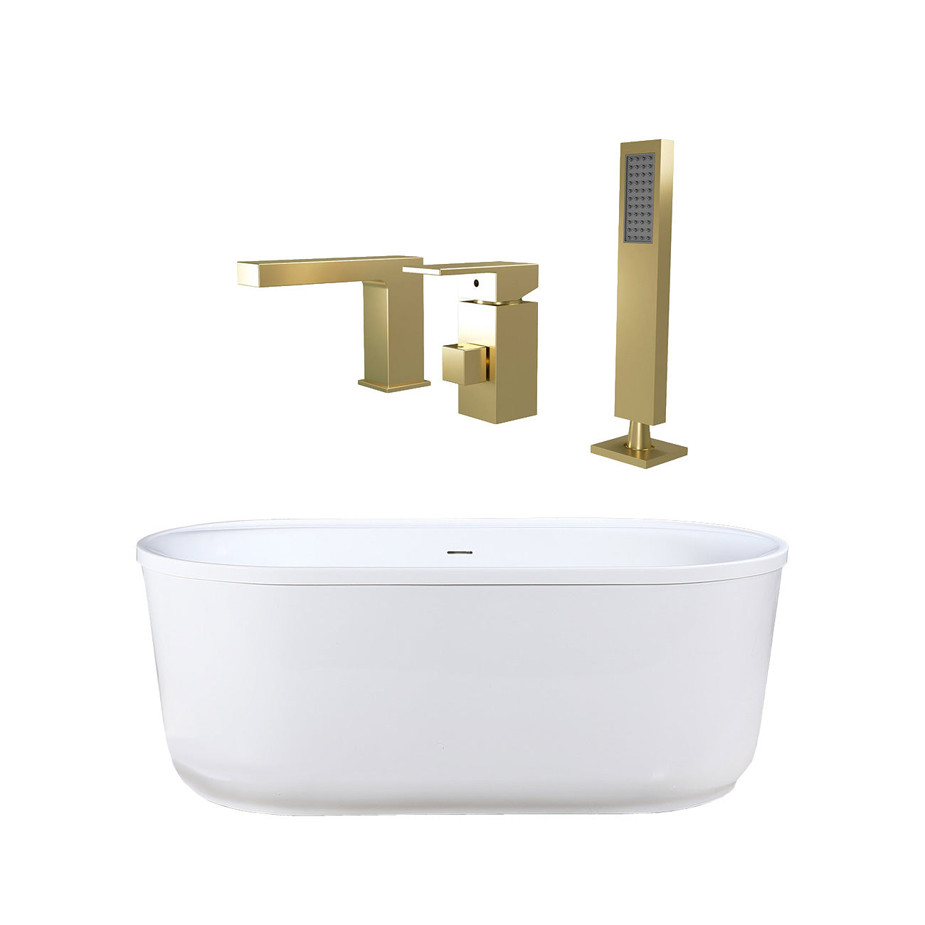 Luca 60 Inch Acrylic Double Ended Freestanding Tub Package | Alternative Image 01 | length:60 | fixture finish:Brushed Brass | faucet style:Modern 3 Hole Tub Faucet