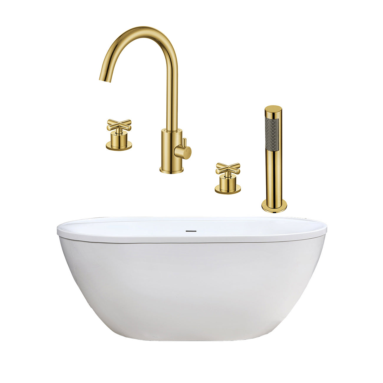 Jackson 66 Inch Acrylic Double Ended Freestanding Tub Package | Alternative Image 01 | length:66 | fixture finish:Brushed Brass | faucet style:Gooseneck 4 Hole Tub Faucet - Cross Handles