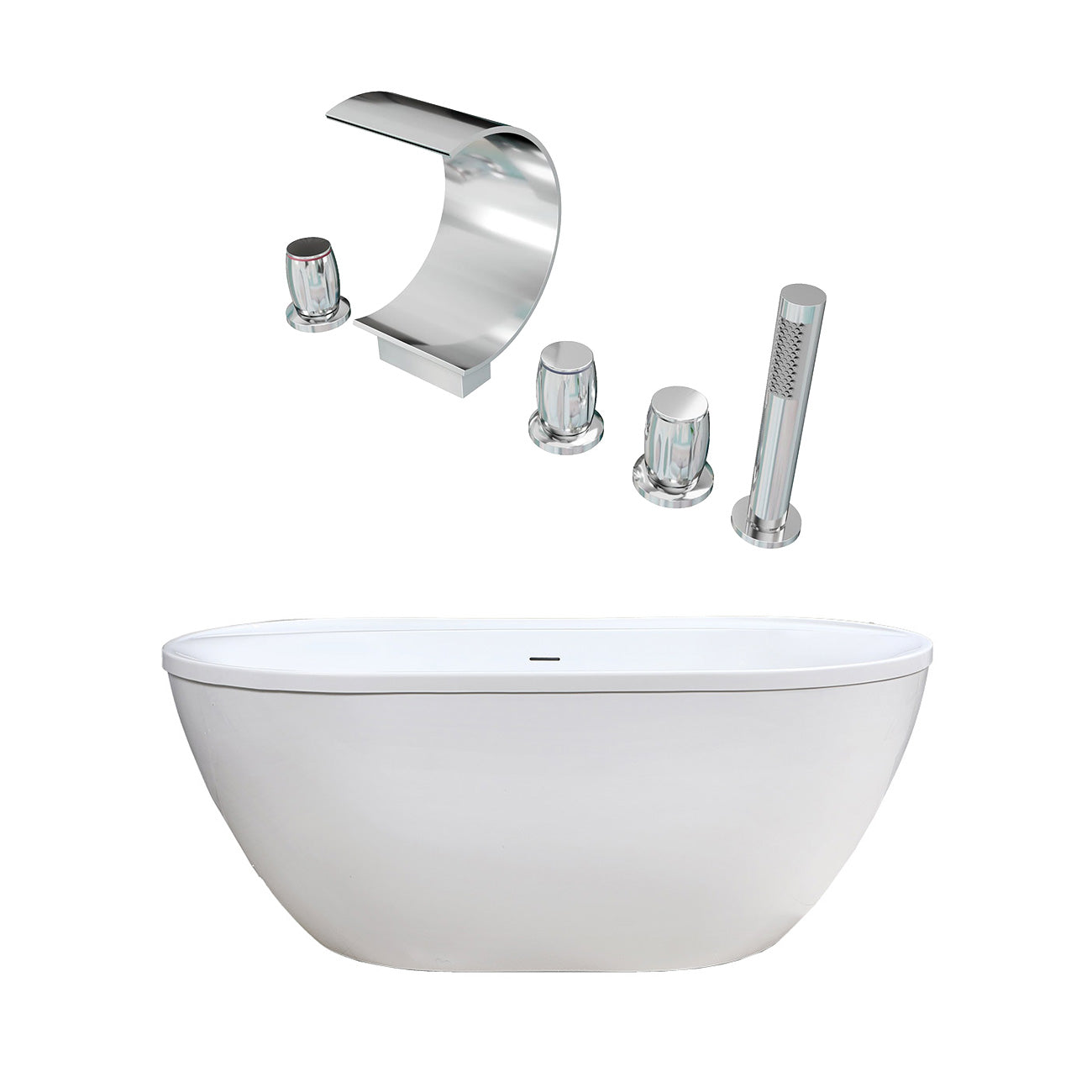 Jackson 66 Inch Acrylic Double Ended Freestanding Tub Package | Alternative Image 01 | length:66 | fixture finish:Chrome | faucet style:Waterfall 5 Hole Tub Faucet