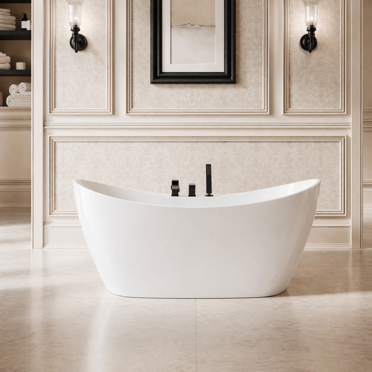 Wexler Acrylic Double Ended Freestanding Tub and Faucet Package | Alternative Image 01 | length:59 | fixture finish:Brushed Brass | faucet style:Contemporary 3 Hole Tub Faucet