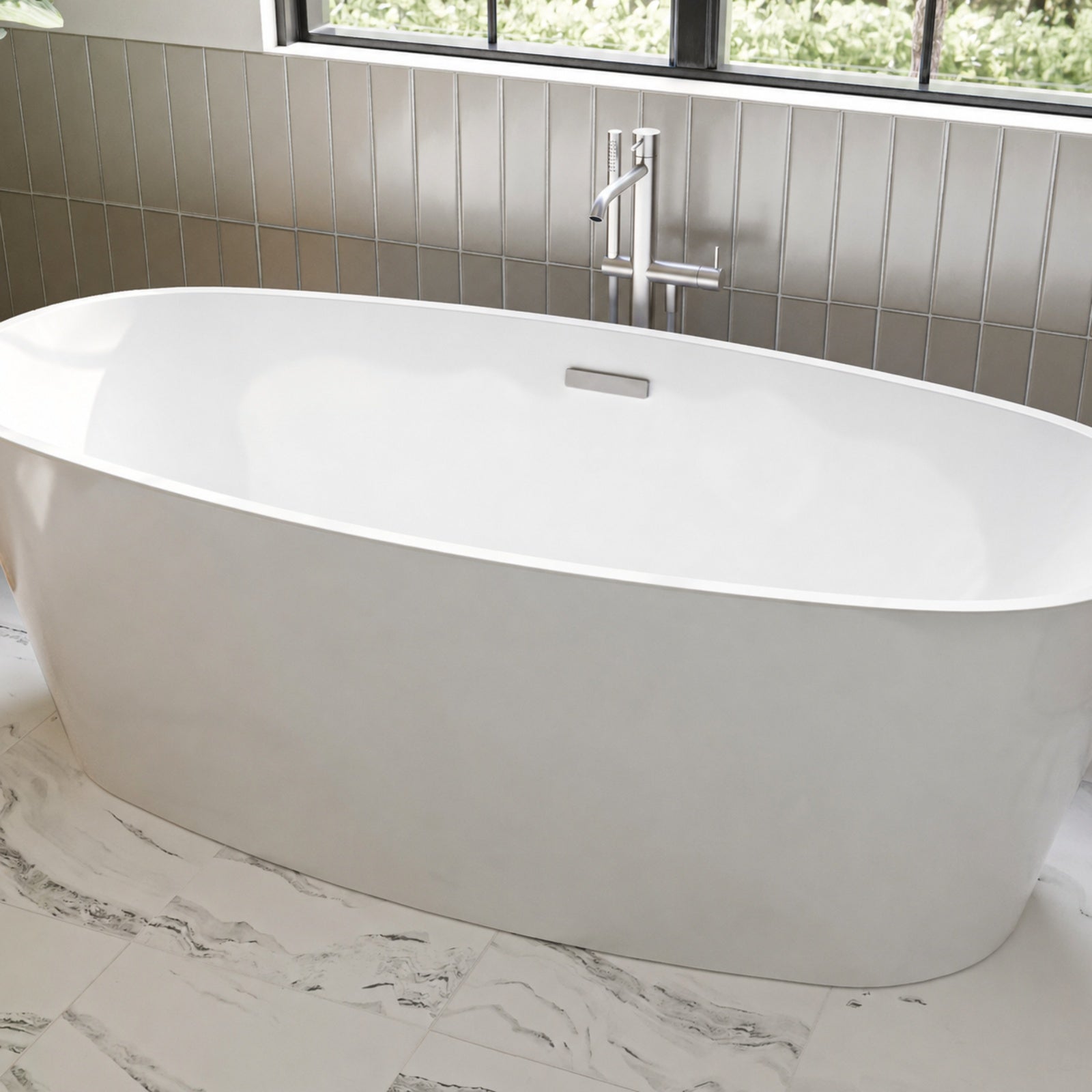 Brisa 68 x 31-Inch Freestanding Bathtub Center Drain With Integrated Overflow | Alternative Image 03 | drain finish:Brushed Nickel