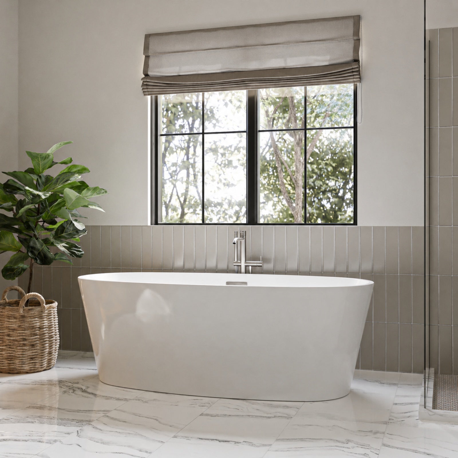 Brisa 68 x 31-Inch Freestanding Bathtub Center Drain With Integrated Overflow | Alternative Image 02 | drain finish:Brushed Nickel