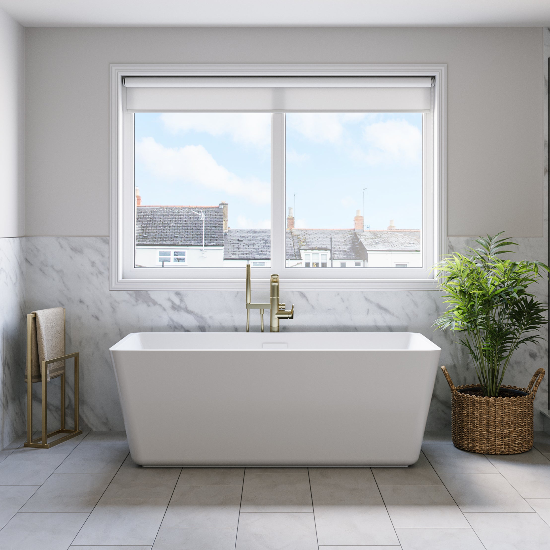 Gavyn 63 x 30-Inch Rectangle Freestanding Bathtub Center Drain With Integrated Overflow | Alternative Image 01 | drain finish:Chrome