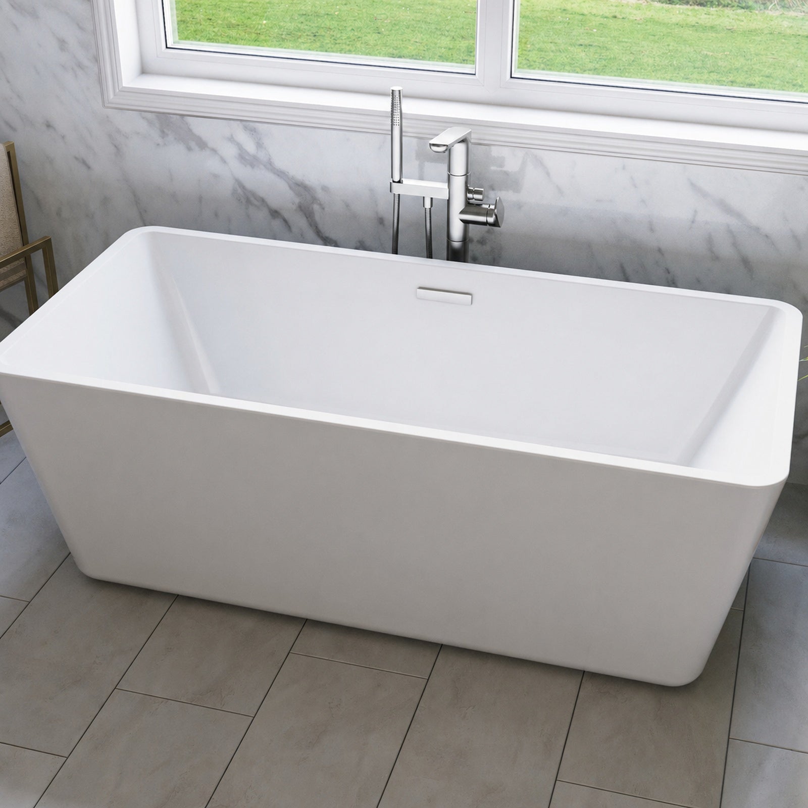 Gavyn 63 x 30-Inch Rectangle Freestanding Bathtub Center Drain With Integrated Overflow | Alternative Image 03 | drain finish:Polished Nickel