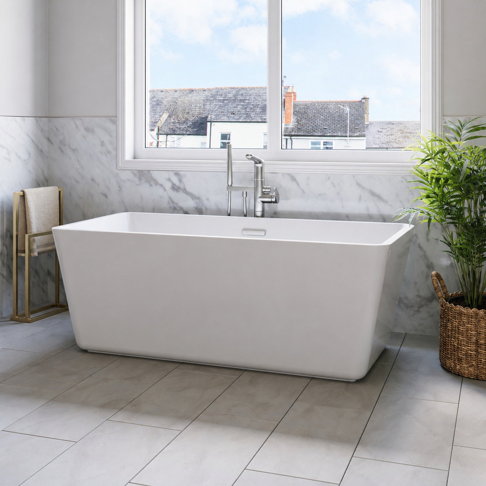 Gavyn 63 x 30-Inch Rectangle Freestanding Bathtub Center Drain With Integrated Overflow | Alternative Image 02 | drain finish:Polished Nickel