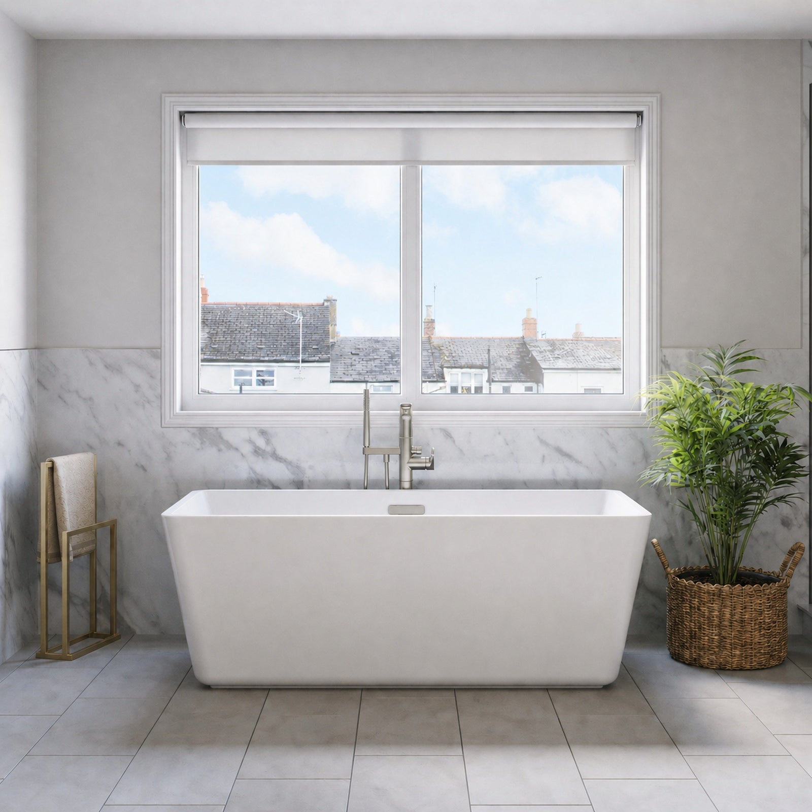 Gavyn 63 x 30-Inch Rectangle Freestanding Bathtub Center Drain With Integrated Overflow | Alternative Image 01 | drain finish:Brushed Nickel