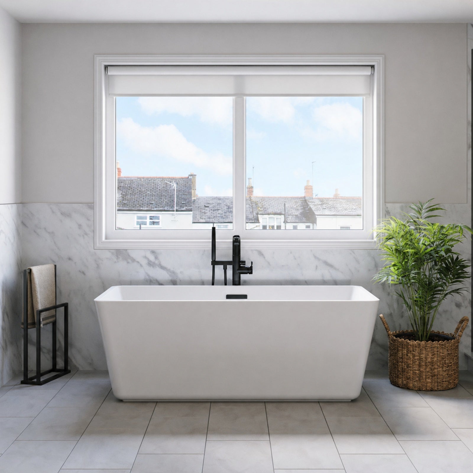 Gavyn 63 x 30-Inch Rectangle Freestanding Bathtub Center Drain With Integrated Overflow | Alternative Image 01 | drain finish:Matte Black