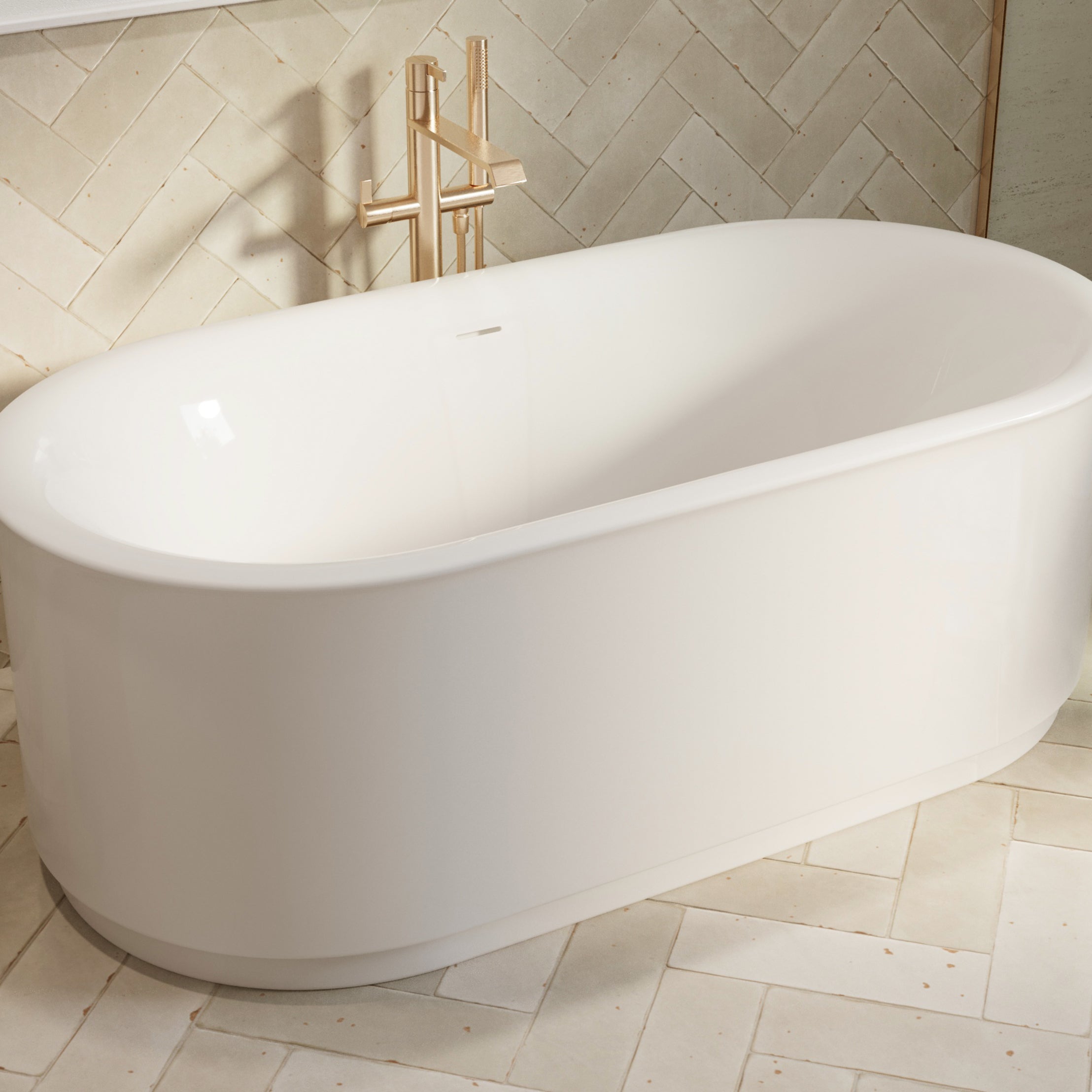 Elson 68 x 34-Inch Freestanding Bathtub Center Drain With Integrated Overflow | Alternative Image 03 | drain finish:Brushed Nickel