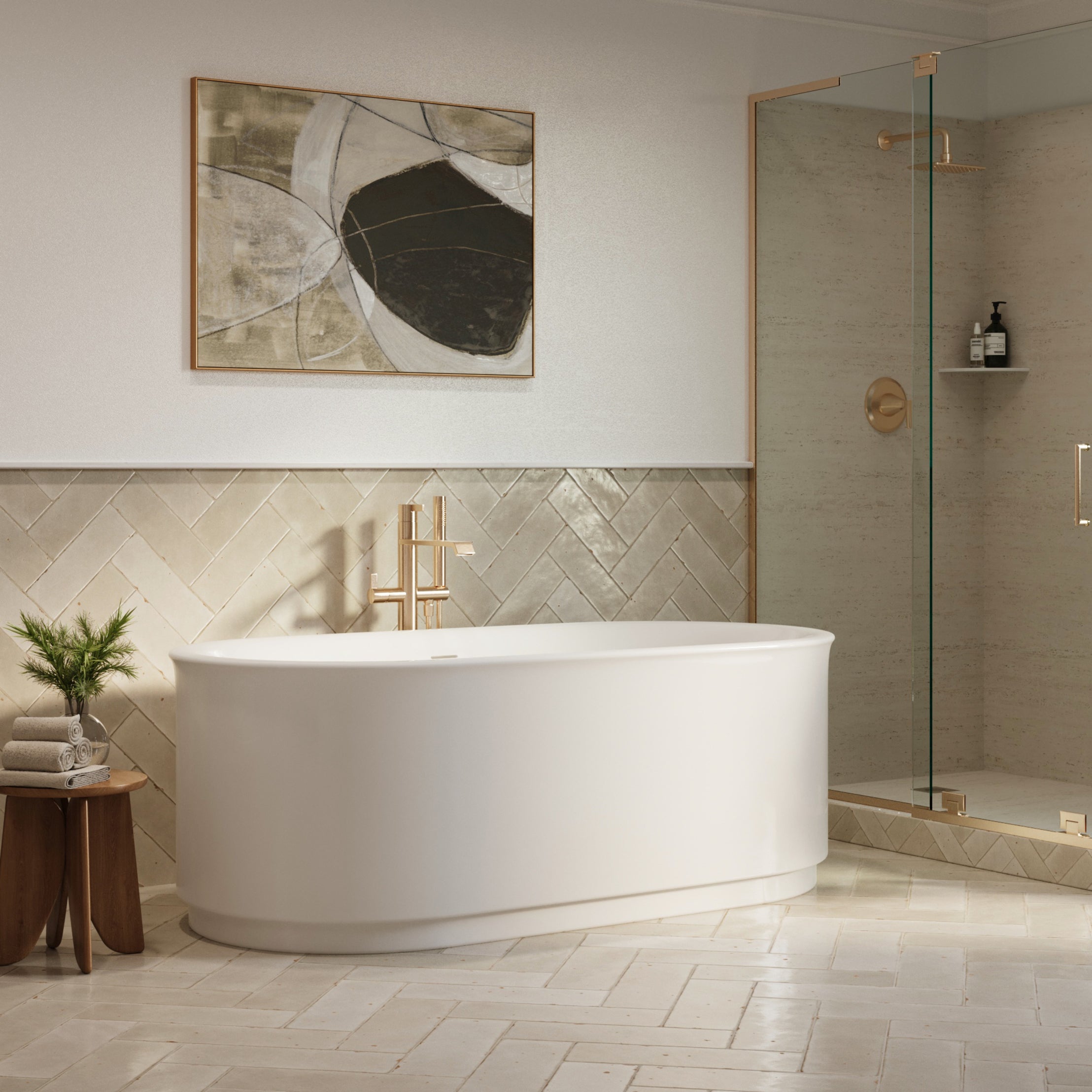 Elson 68 x 34-Inch Freestanding Bathtub Center Drain With Integrated Overflow | Alternative Image 02 | drain finish:Brushed Nickel