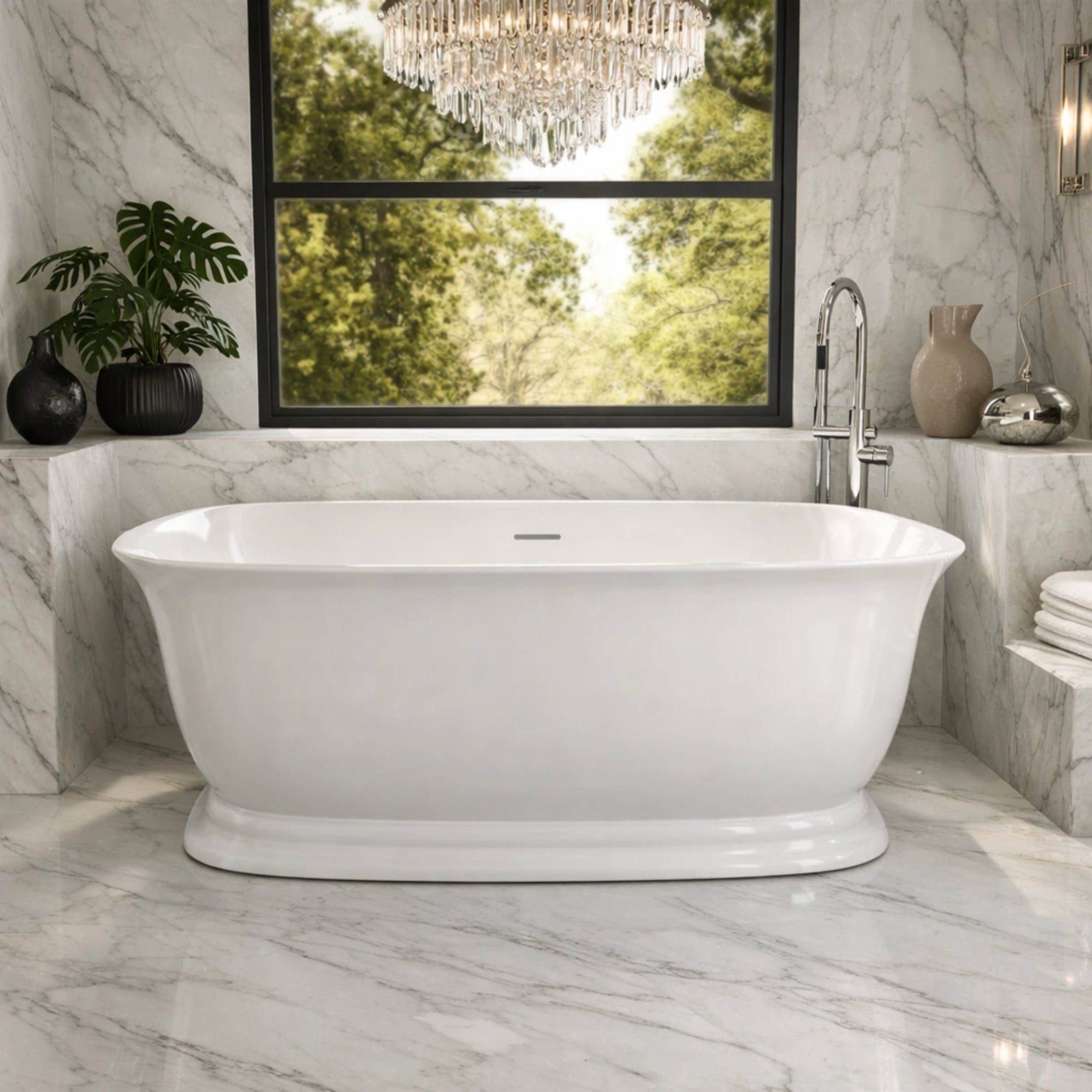 Emilia 67 Inch Acrylic Double Ended Freestanding Tub - No Faucet Drillings - Polished Brass Drain | Alternative Image 01 | length:67 | drain finish:Polished Brass