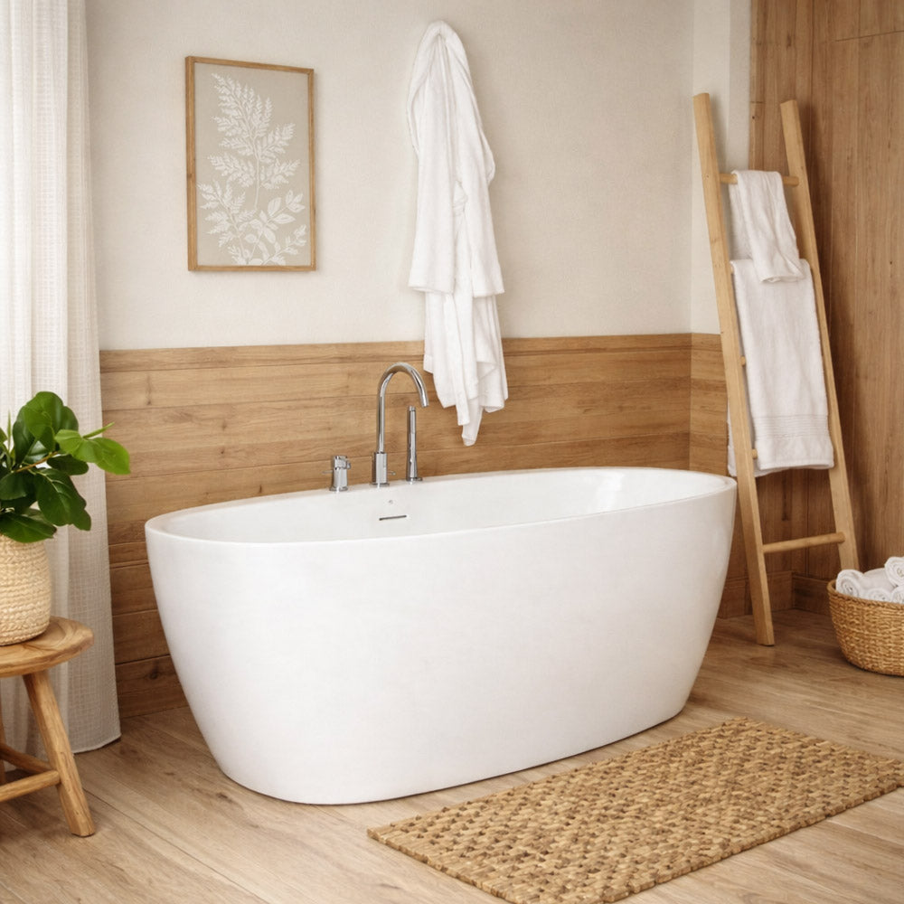 Medway 59 Inch Acrylic Double Ended Freestanding Bathtub and Oil Rubbed Bronze Contemporary 3 Hole Tub Faucet Package | Alternative Image 01 | length:59 | fixture finish:Oil Rubbed Bronze | faucet style:Contemporary 3 Hole Tub Faucet