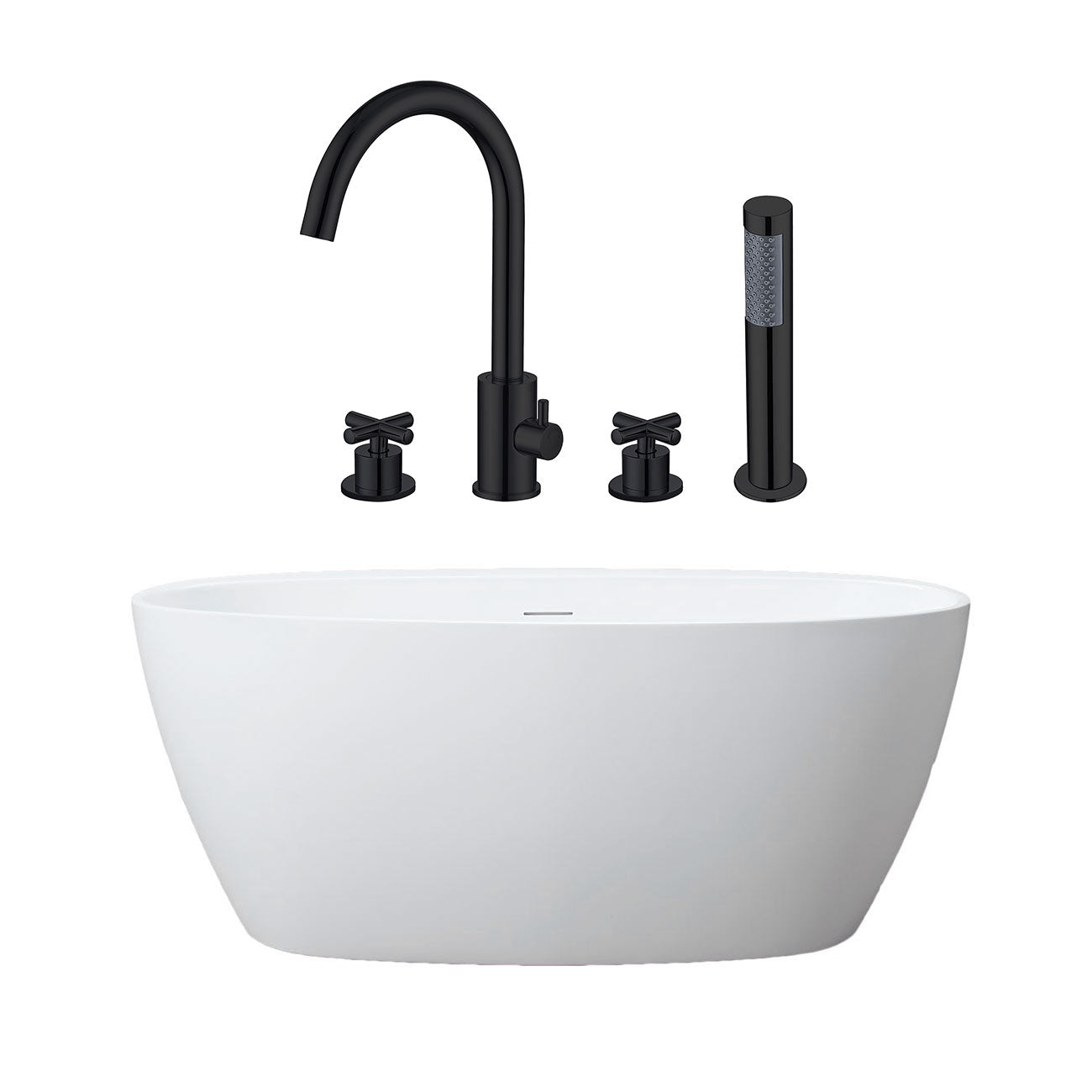 Medway 59 Inch Acrylic Double Ended Freestanding Bathtub and Matte Black Gooseneck 4 Hole Tub Faucet with Cross Handles Package | Alternative Image 01 | length:59 | fixture finish:Matte Black | faucet style:Gooseneck 4 Hole Tub Faucet - Cross Handles