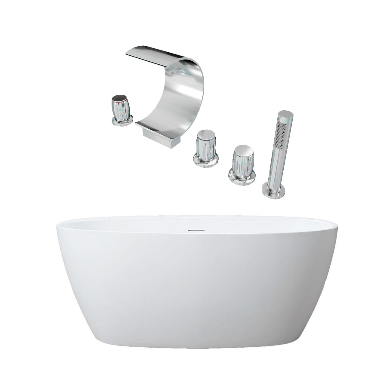 Medway 59 Inch Acrylic Double Ended Freestanding Bathtub and Chrome Waterfall 5 Hole Tub Faucet Package | Alternative Image 01 | length:59 | fixture finish:Chrome | faucet style:Waterfall 5 Hole Tub Faucet