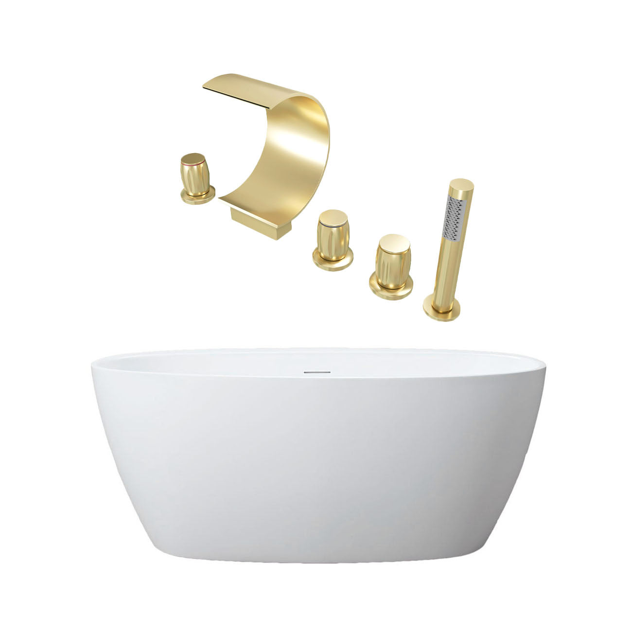 Medway 59 Inch Acrylic Double Ended Freestanding Bathtub and Brushed Brass Waterfall 5 Hole Tub Faucet Package | Alternative Image 01 | length:59 | fixture finish:Brushed Brass | faucet style:Waterfall 5 Hole Tub Faucet