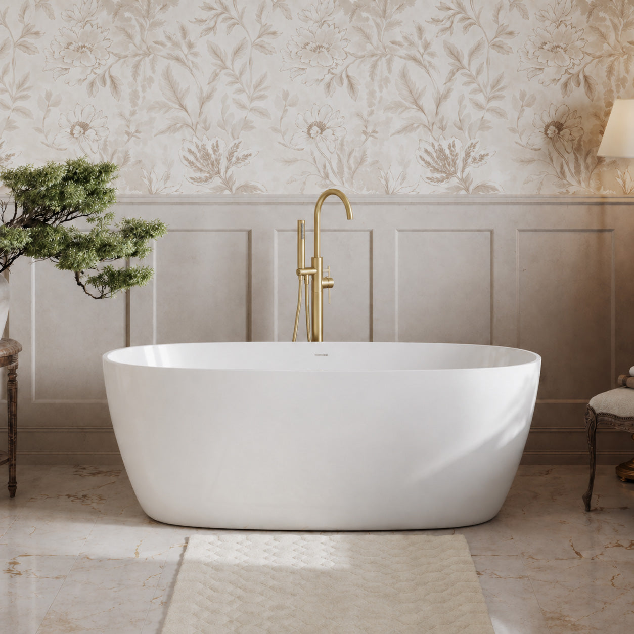 Medway 67 Inch Acrylic Double Ended Freestanding Tub - No Faucet Drillings - Polished Brass Drain | Alternative Image 01 | length:67 | drain finish:Polished Brass