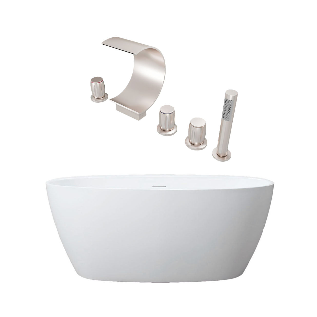 Medway 67 Inch Acrylic Double Ended Freestanding Bathtub and Brushed Nickel Waterfall 5 Hole Tub Faucet Package | Alternative Image 01 | length:67 | fixture finish:Brushed Nickel | faucet style:Waterfall 5 Hole Tub Faucet