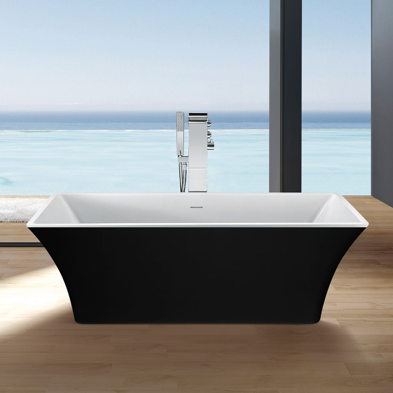KANO II 66 Inch Acrylic Contemporary Double Ended Tub - No Faucet Drilling | Alternative Image 01 | length:66 | finish:Gloss Black | drain finish:White
