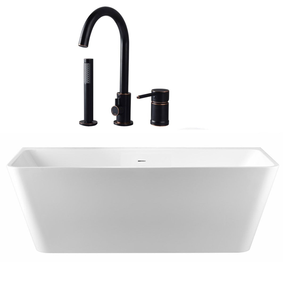 Tiberius  67 Inch Acrylic Double Ended Freestanding Bathtub and Faucet Package | Alternative Image 01 | length:67 | fixture finish:Oil Rubbed Bronze | faucet style:Contemporary 3 Hole Tub Faucet