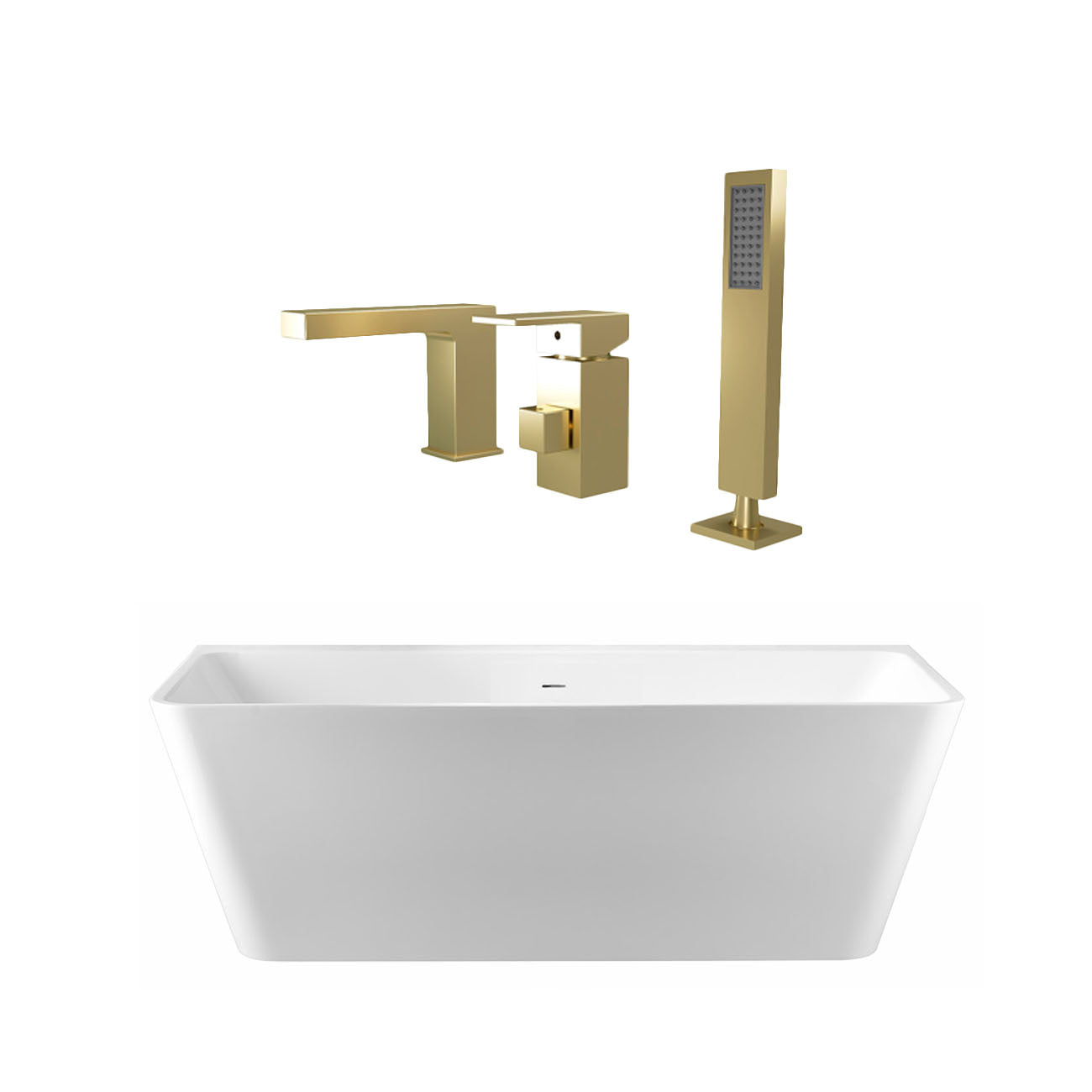 Tiberius  67 Inch Acrylic Double Ended Freestanding Bathtub and Faucet Package | Alternative Image 01 | length:67 | fixture finish:Brushed Brass | faucet style:Modern 3 Hole Tub Faucet