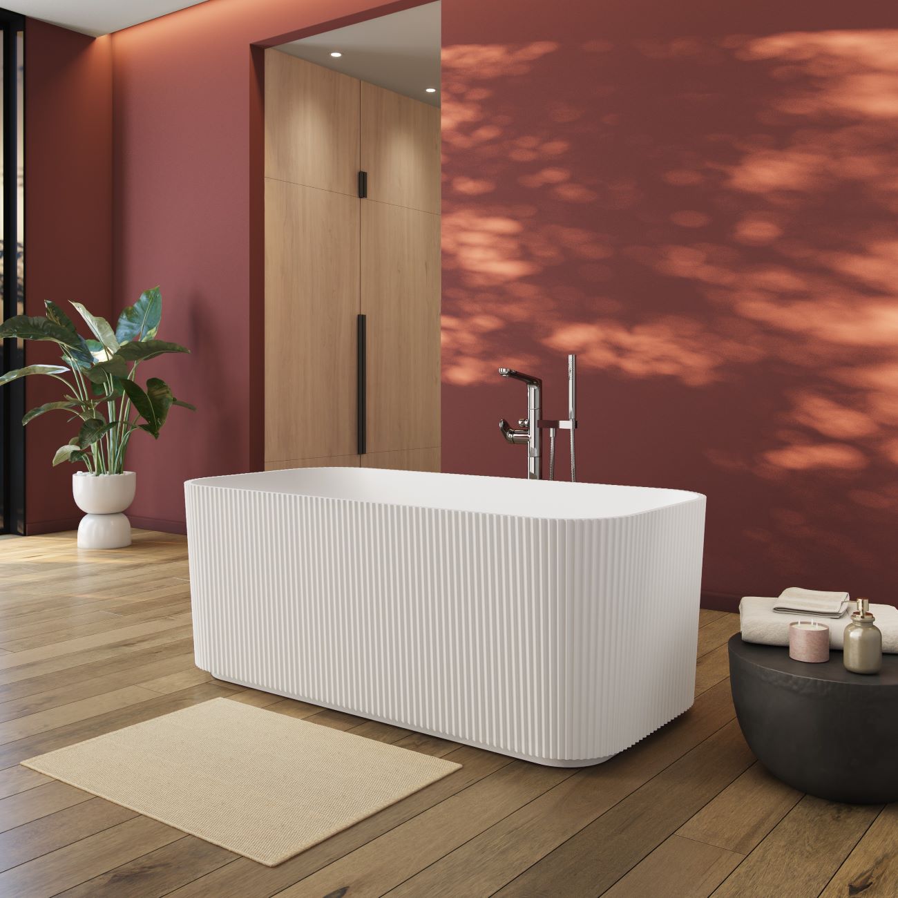 Maeve 67 Inch Acrylic Fluted Double Ended Freestanding Tub | Alternative Image 01 | length:67 | drain finish:Brushed Brass