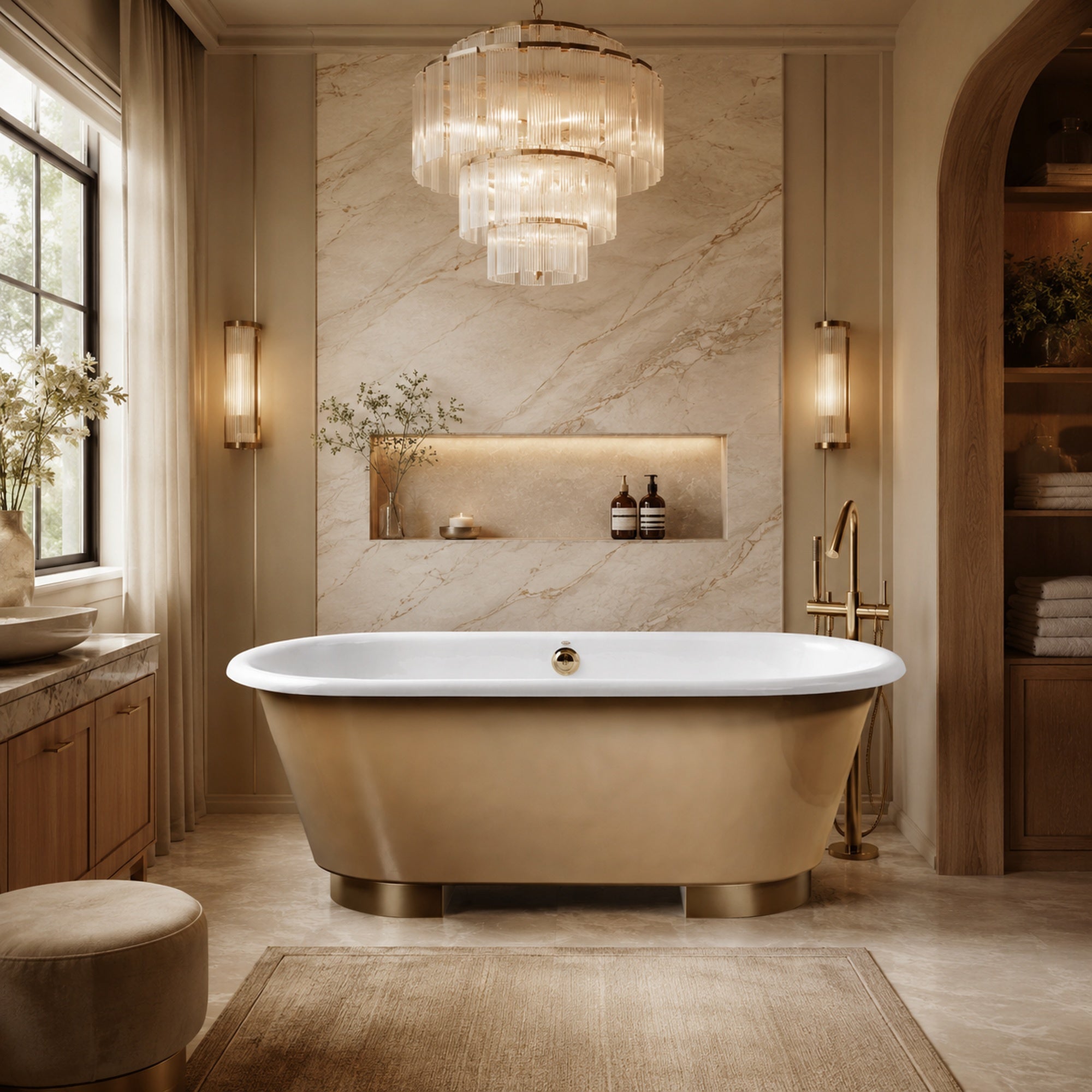 67-Inch Cast Iron Tub with Brushed Brass Feet | DXV | Alternative Image 01 | drain finish:Brushed Brass