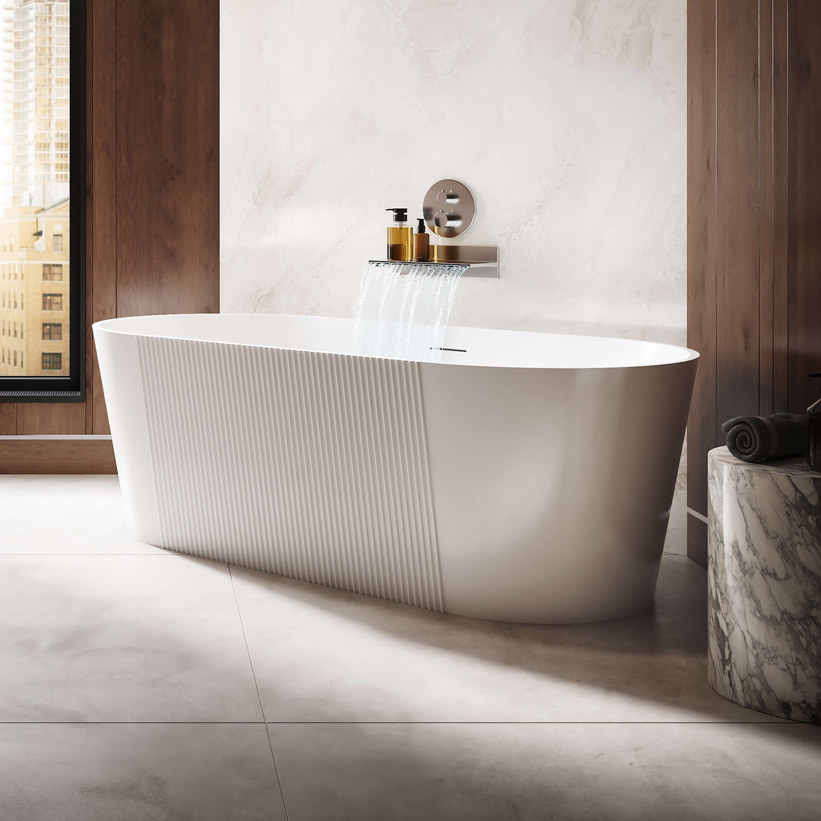 Vertical 67 Inch Acrylic Fluted Freestanding Tub - White - Gloss White | Alternative Image 01 | drain finish:White
