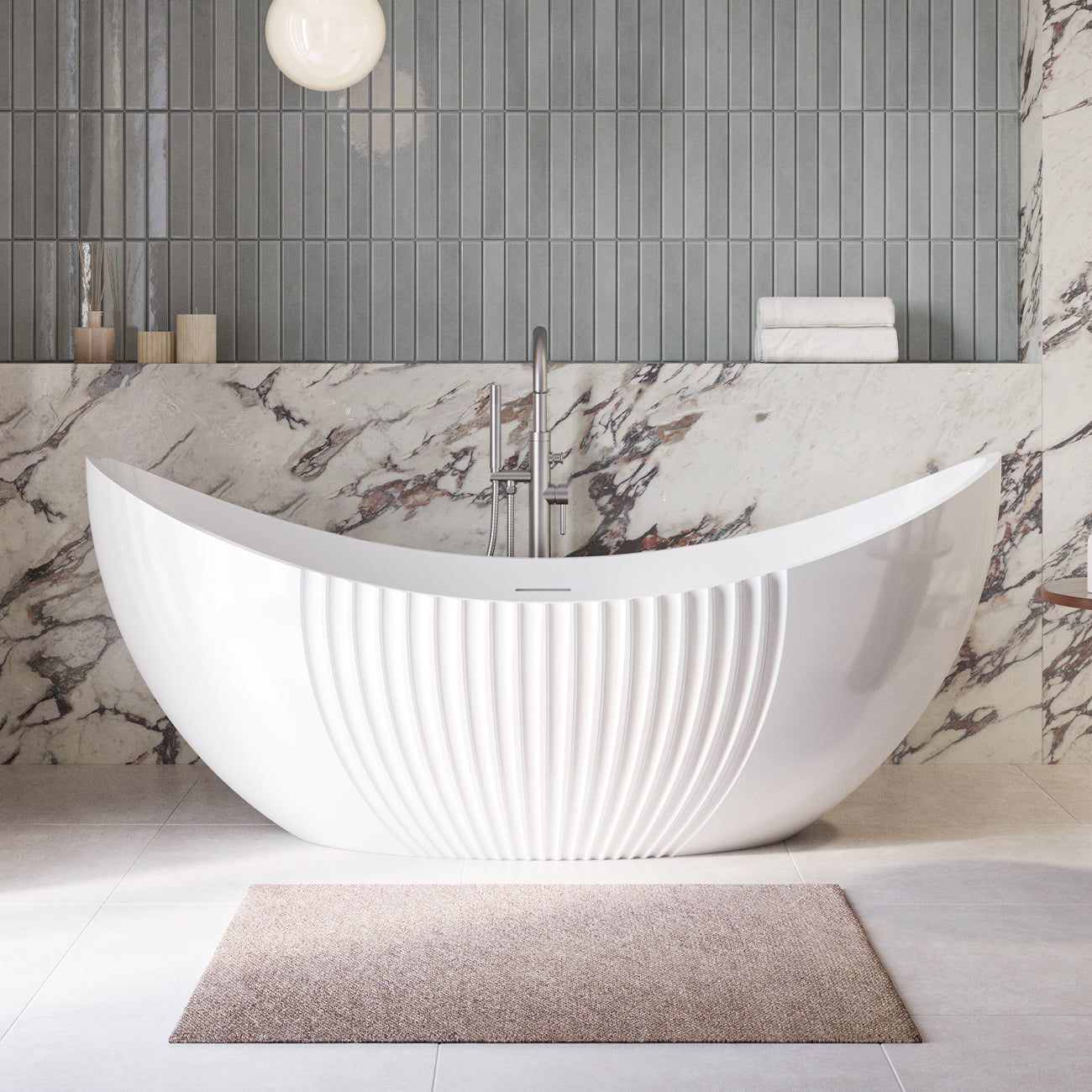 Double End Vertical 71 Inch Acrylic Fluted Freestanding Tub - White - Gloss White | Alternative Image 01 | drain finish:White