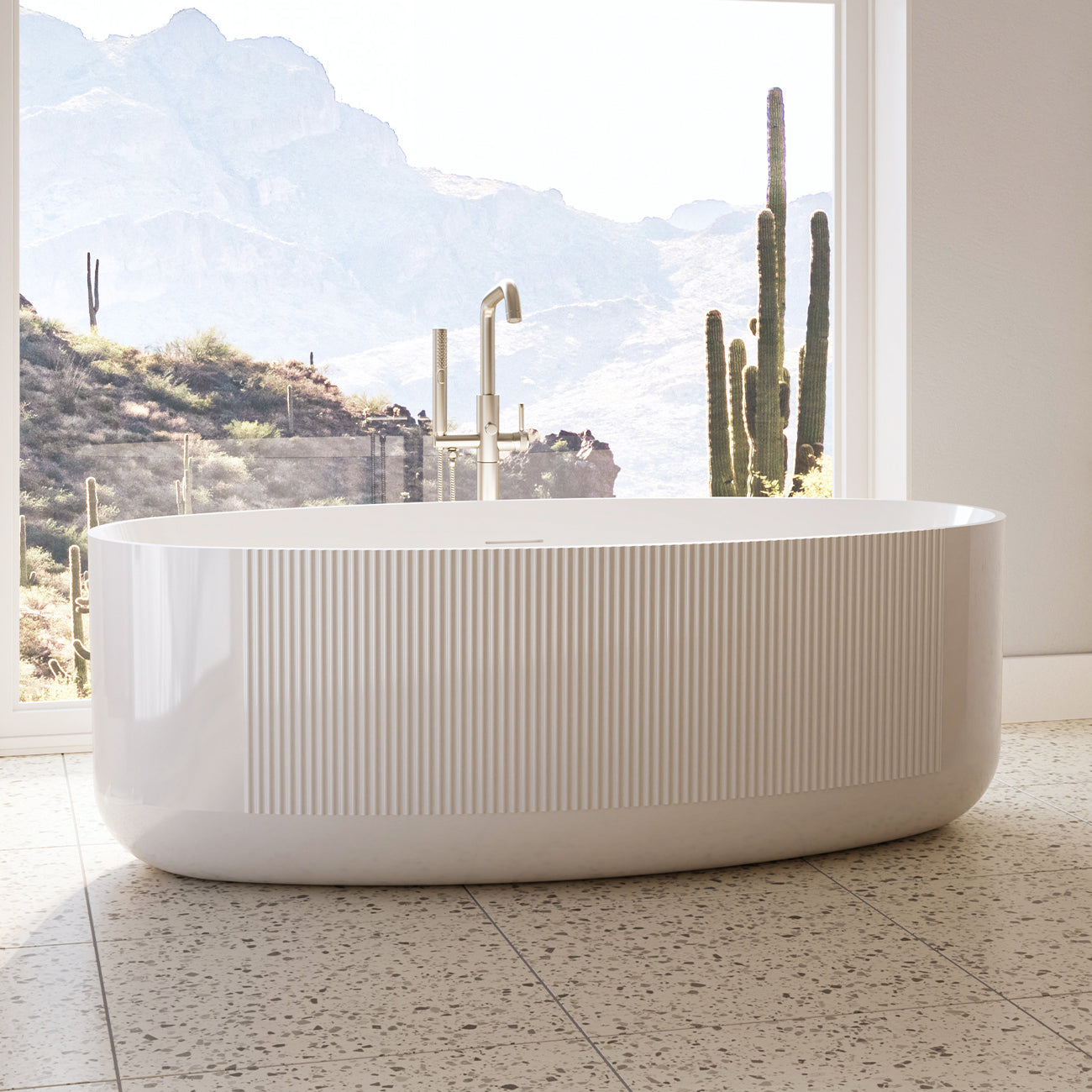 Vertical 67 Inch Acrylic Fluted Freestanding Tub - White - Gloss White | Alternative Image 01 | drain finish:White