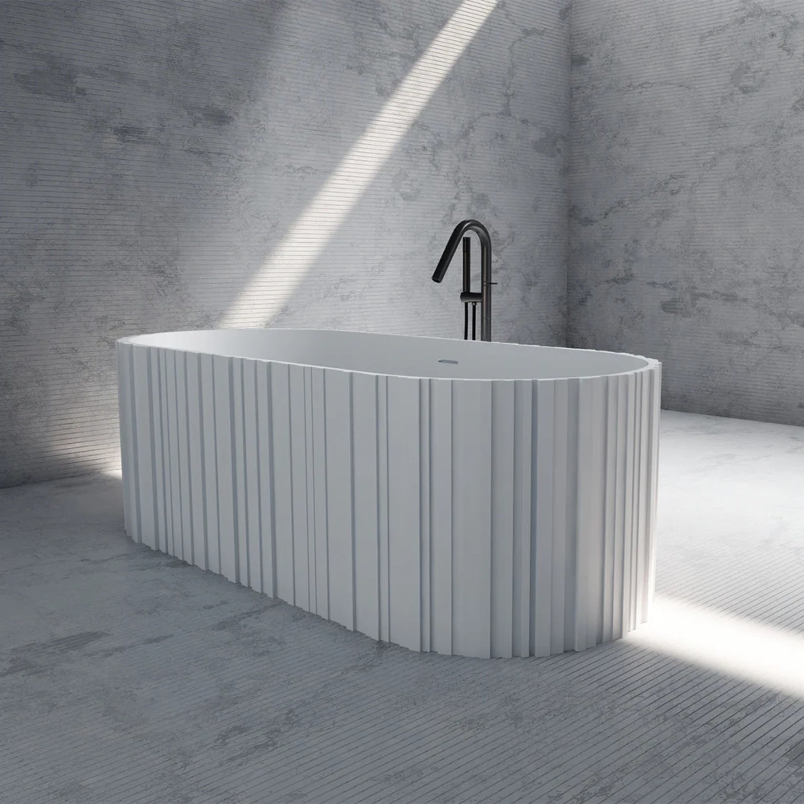 Blaise Vertical 67 Inch Solid Surface Fluted Freestanding Tub | Alternative Image 02 | drain finish:Matte Black