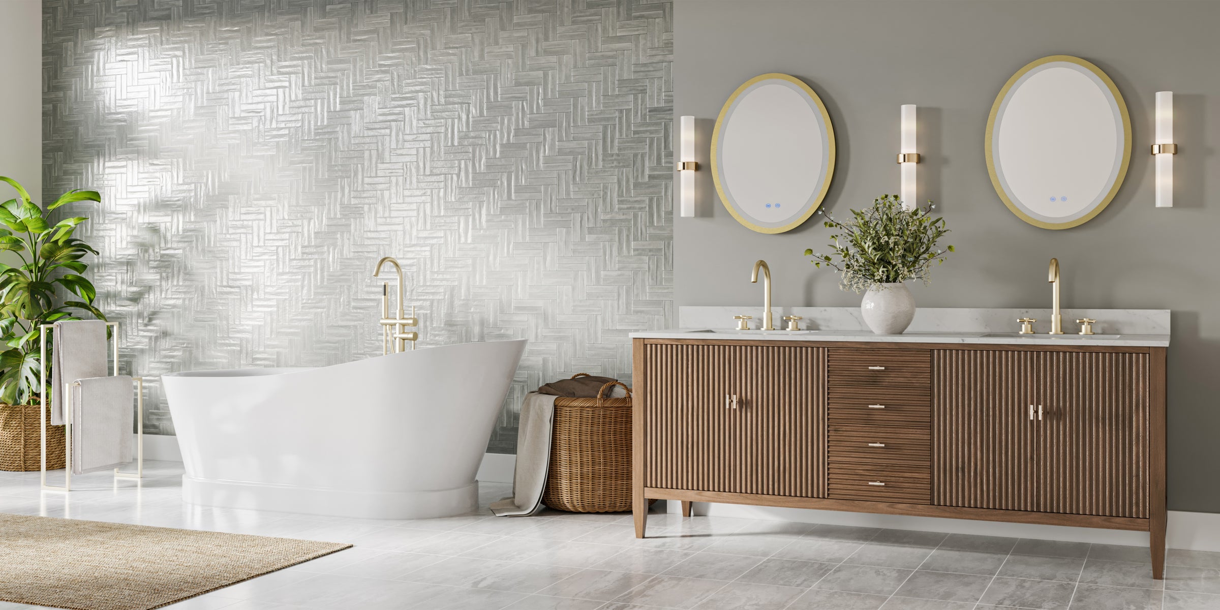 Modern bathroom with freestanding bathtub, wooden vanity, and decorative elements.