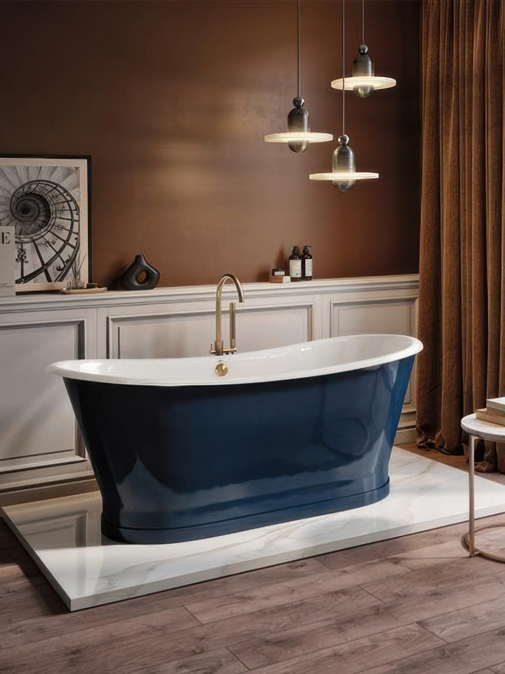 Blue freestanding bathtub in a stylish bathroom with pendant lights and a brown wall.