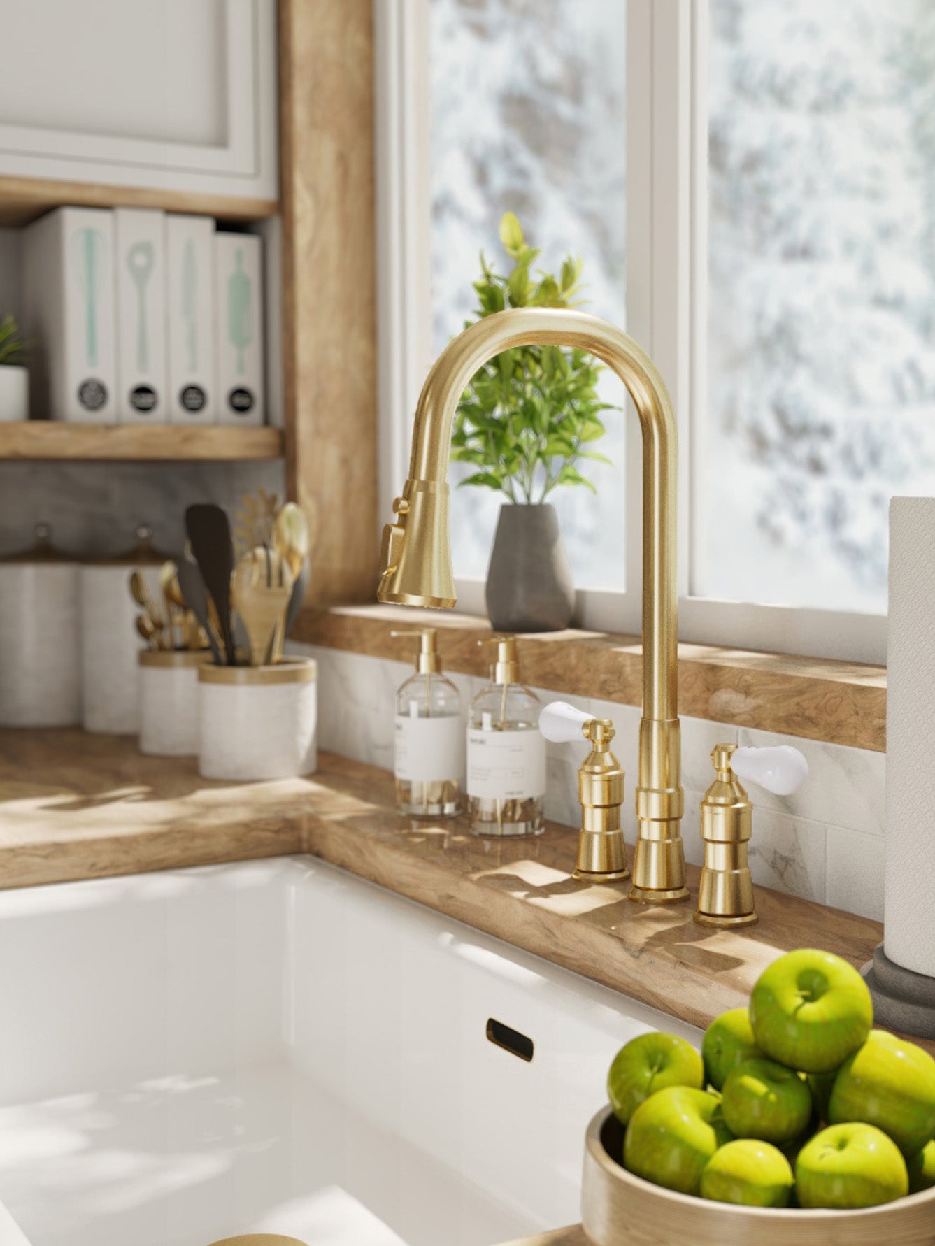 Modern kitchen with gold faucet and wooden countertop