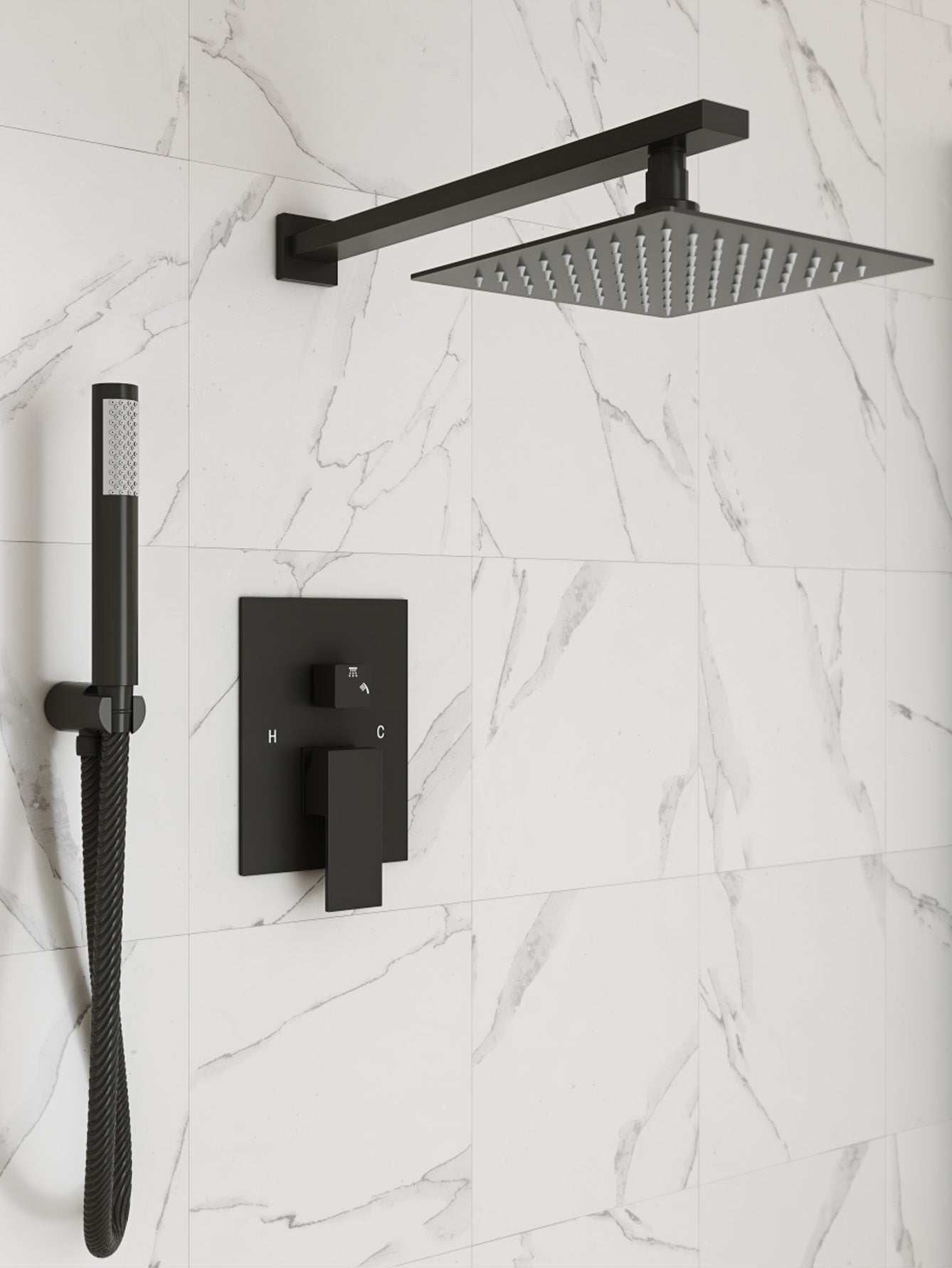 Black shower set with rain shower head and handheld shower on a marble wall.
