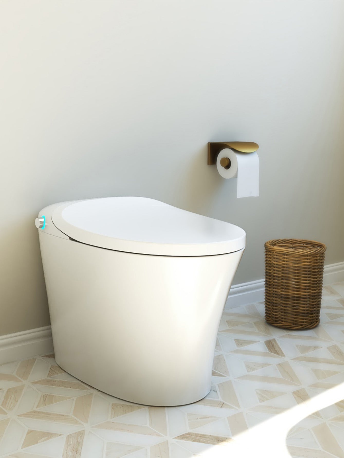 Modern white toilet in a bathroom with a geometric floor pattern
