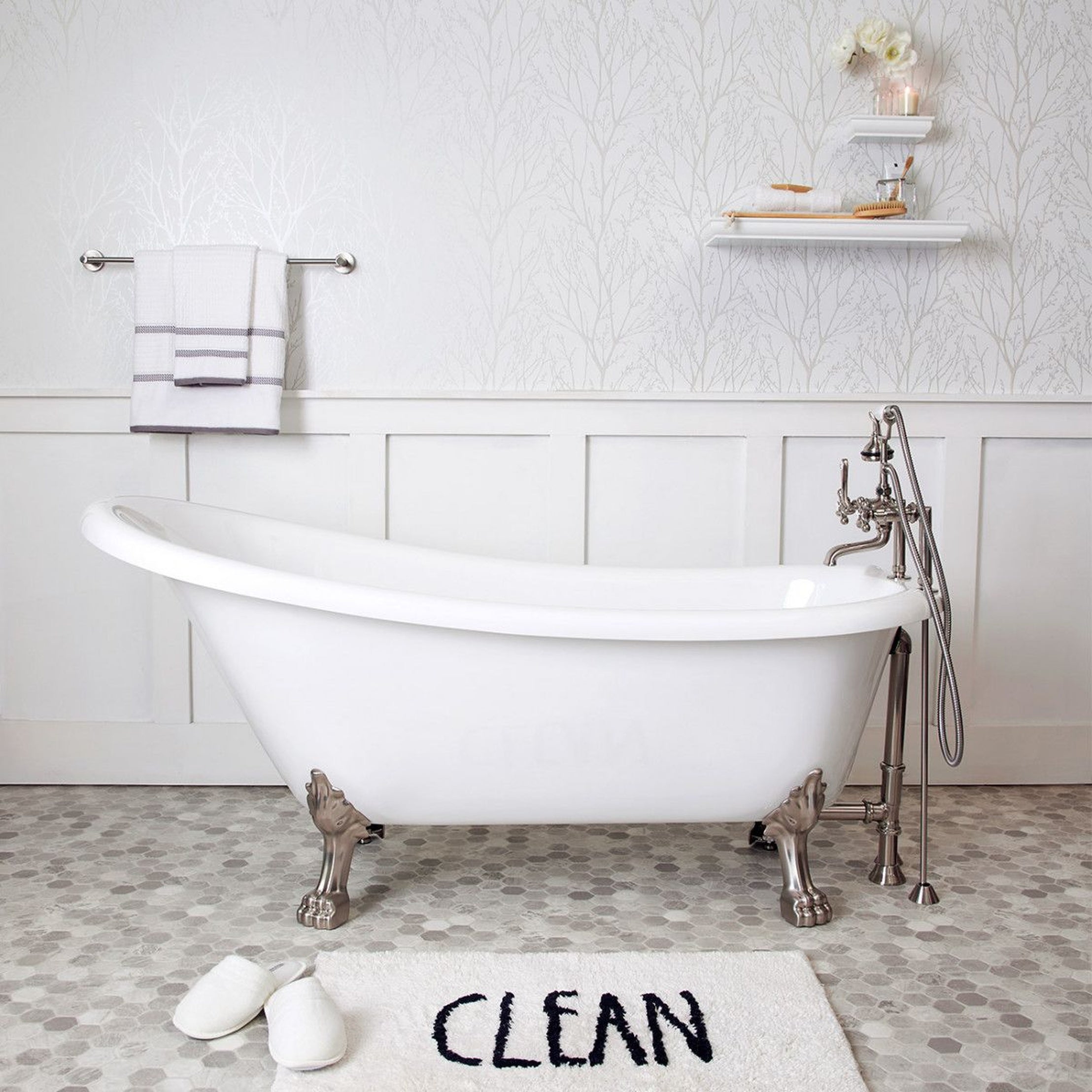 Isaiah II 62-Inch Acrylic Slipper Clawfoot Tub - Rim Faucet Drillings - Lions Paw Feet | Alternative Image 01 | length:61 | faucet centers:7" Tub Rim | foot finish:Matte Black