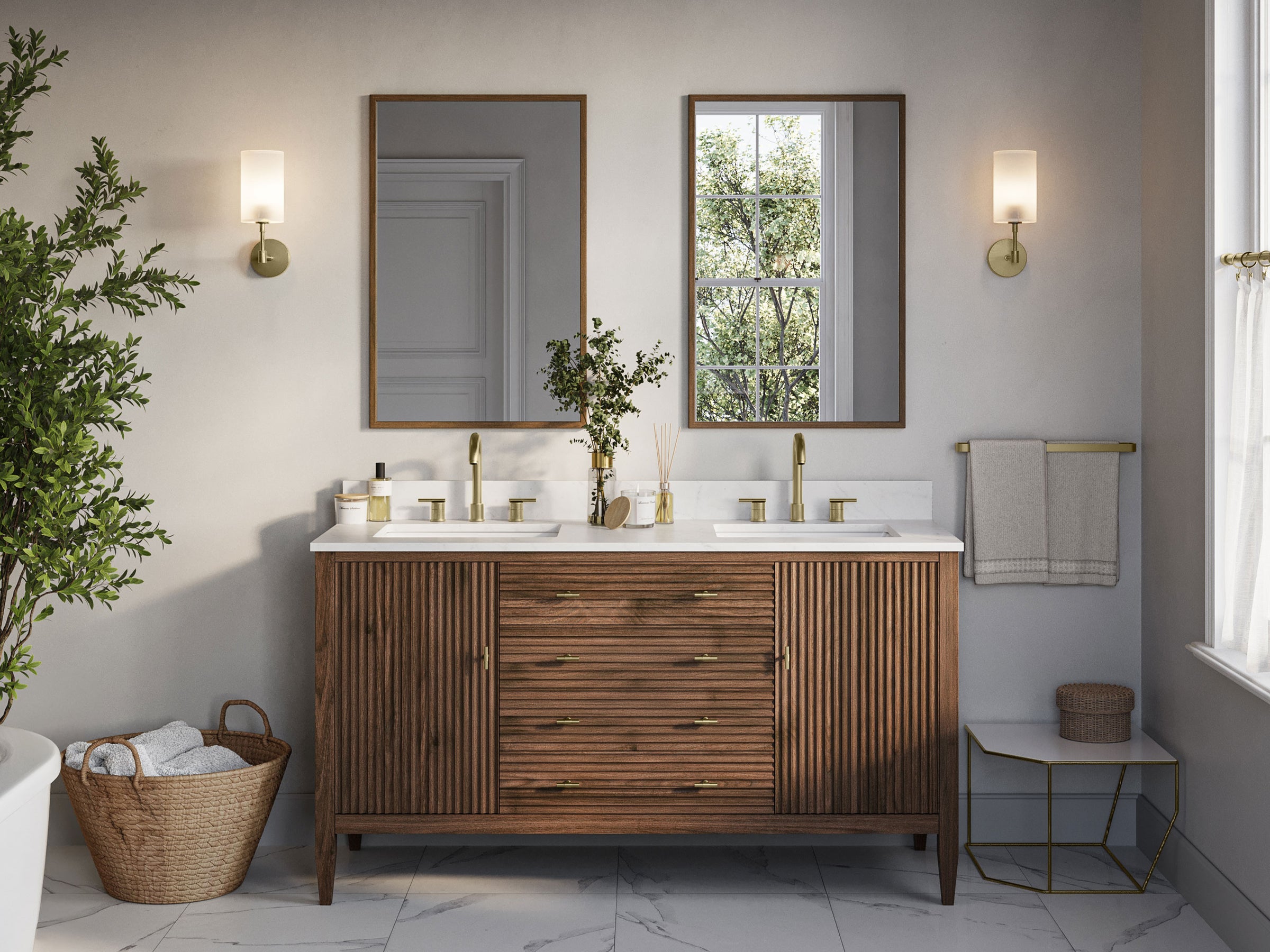 Bathroom with wooden vanity, double sink, and mirrors.