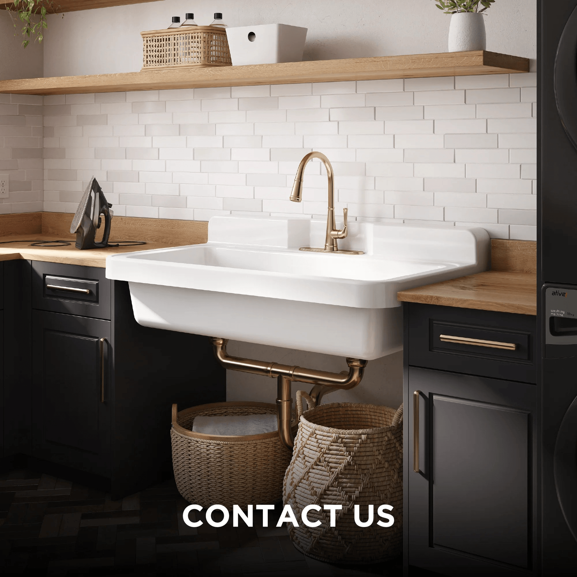 Modern kitchen with white sink, wooden shelves, and black cabinets.
