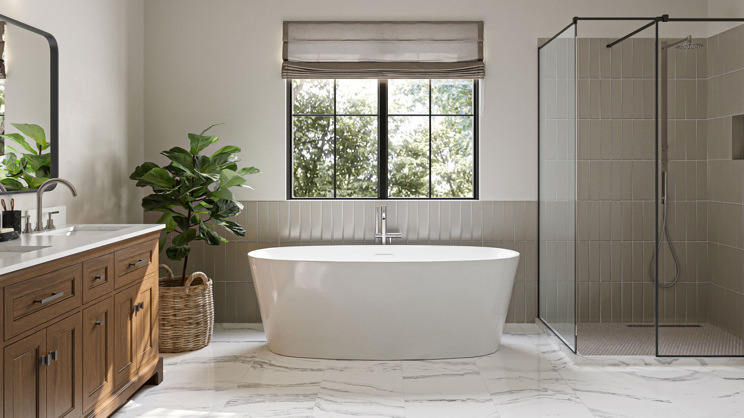 White freestanding bathtub in a bathroom with a large window and light-colored walls.