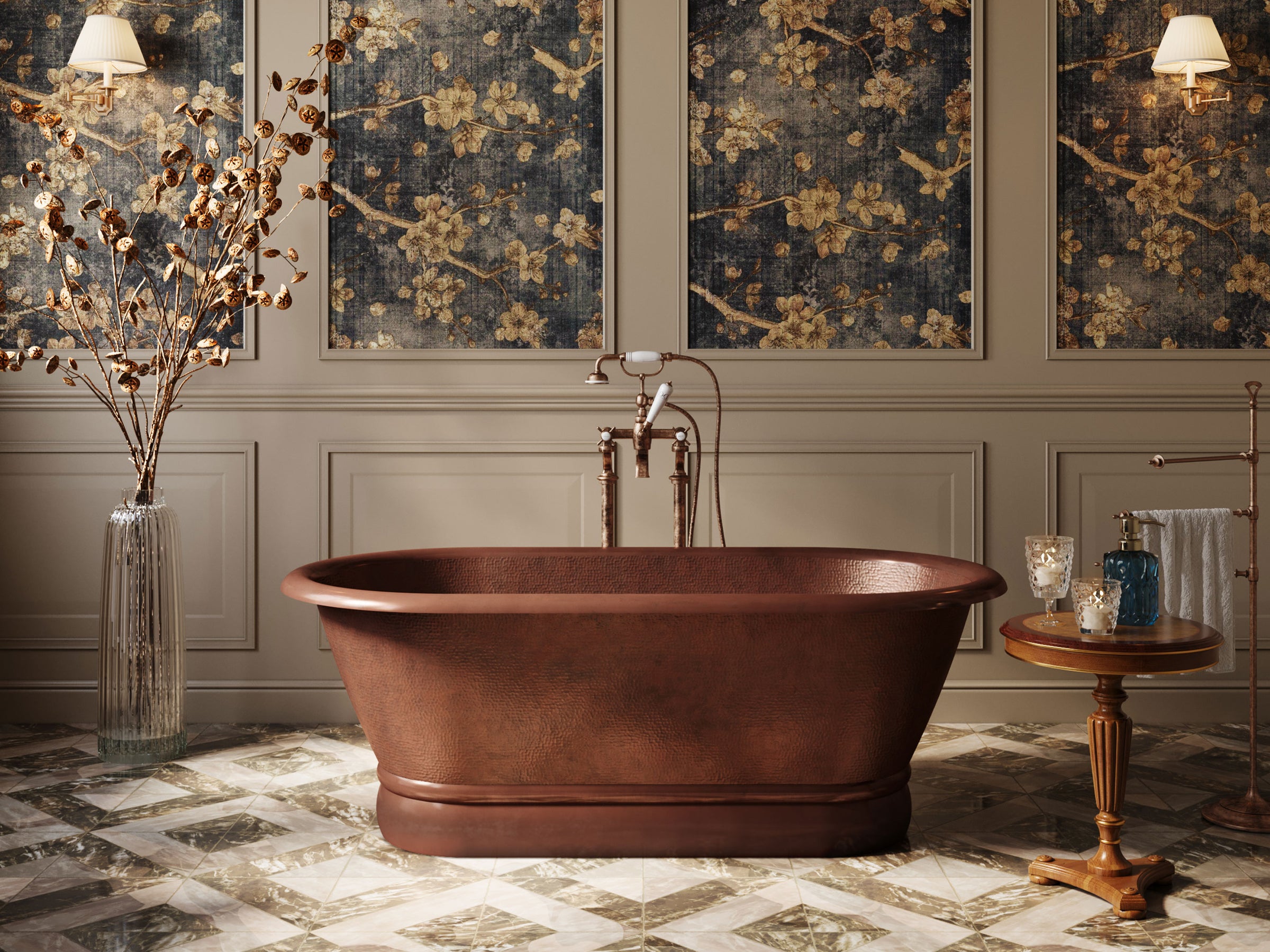 Copper bathtub in a stylish bathroom with floral wall art and decorative elements.
