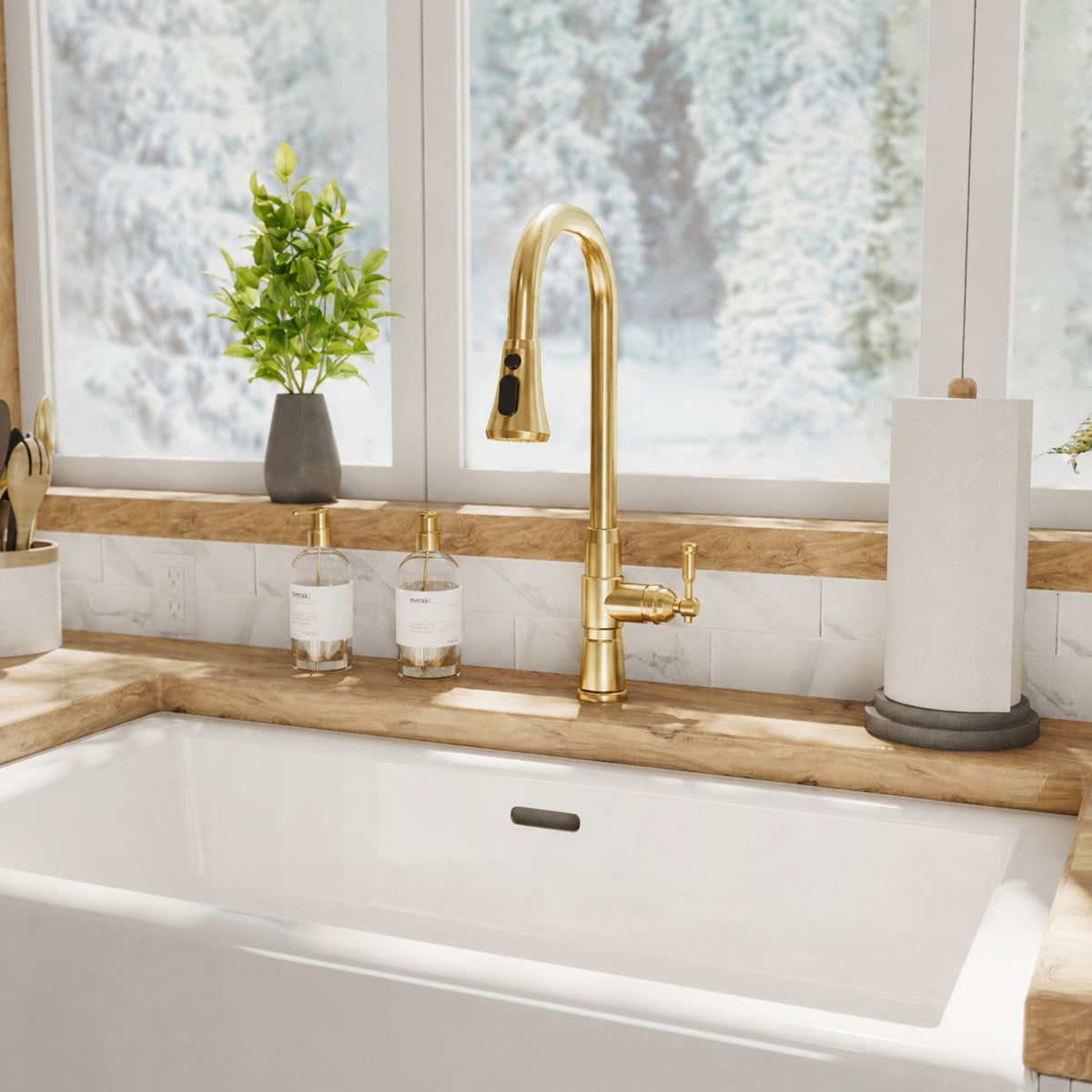 Kitchen Faucet With Pull Down Spring Spout-Brushed Brass | Alternative Image 02 | finish:Brushed Brass