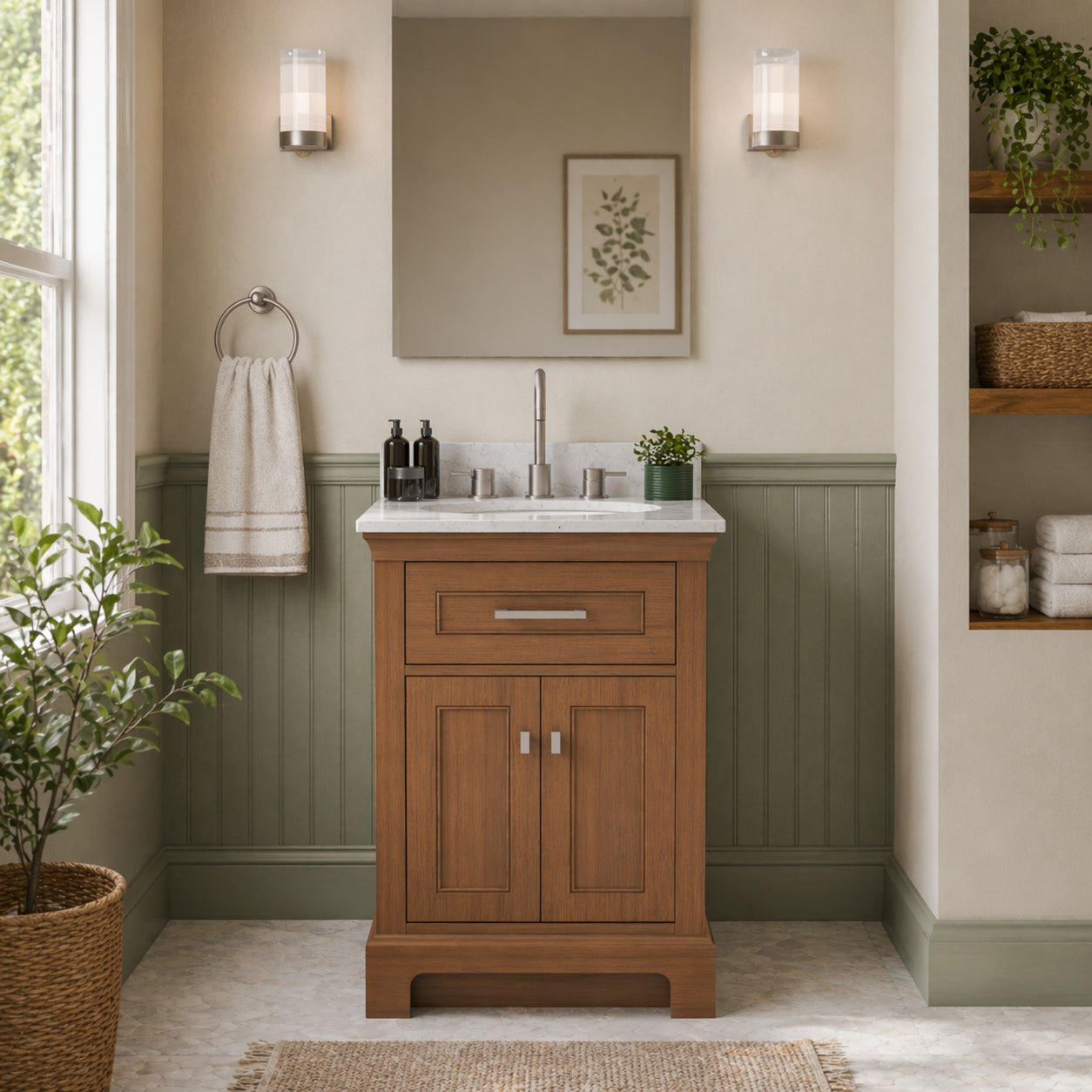 Bronson 24 Inch Vanity Base - Draper Oak | Alternative Image 01 | finish:Draper Oak | countertop finish:White Carrara Marble | sink style:Oval Undermount